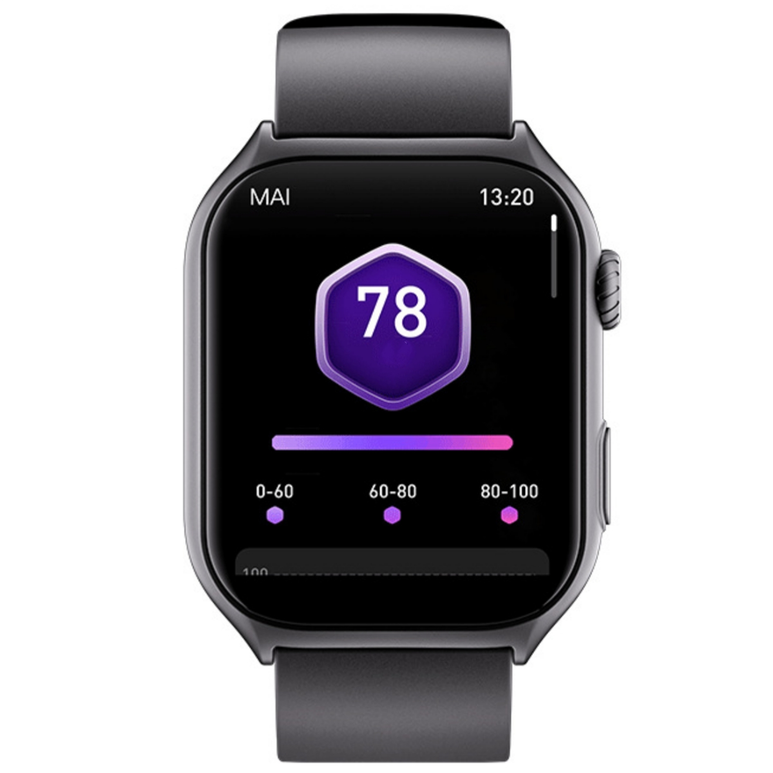 Schwarze Smartwatch zeigt eine Herzfrequenz von 78 an. Lila und rosa Herzfrequenzzonen.