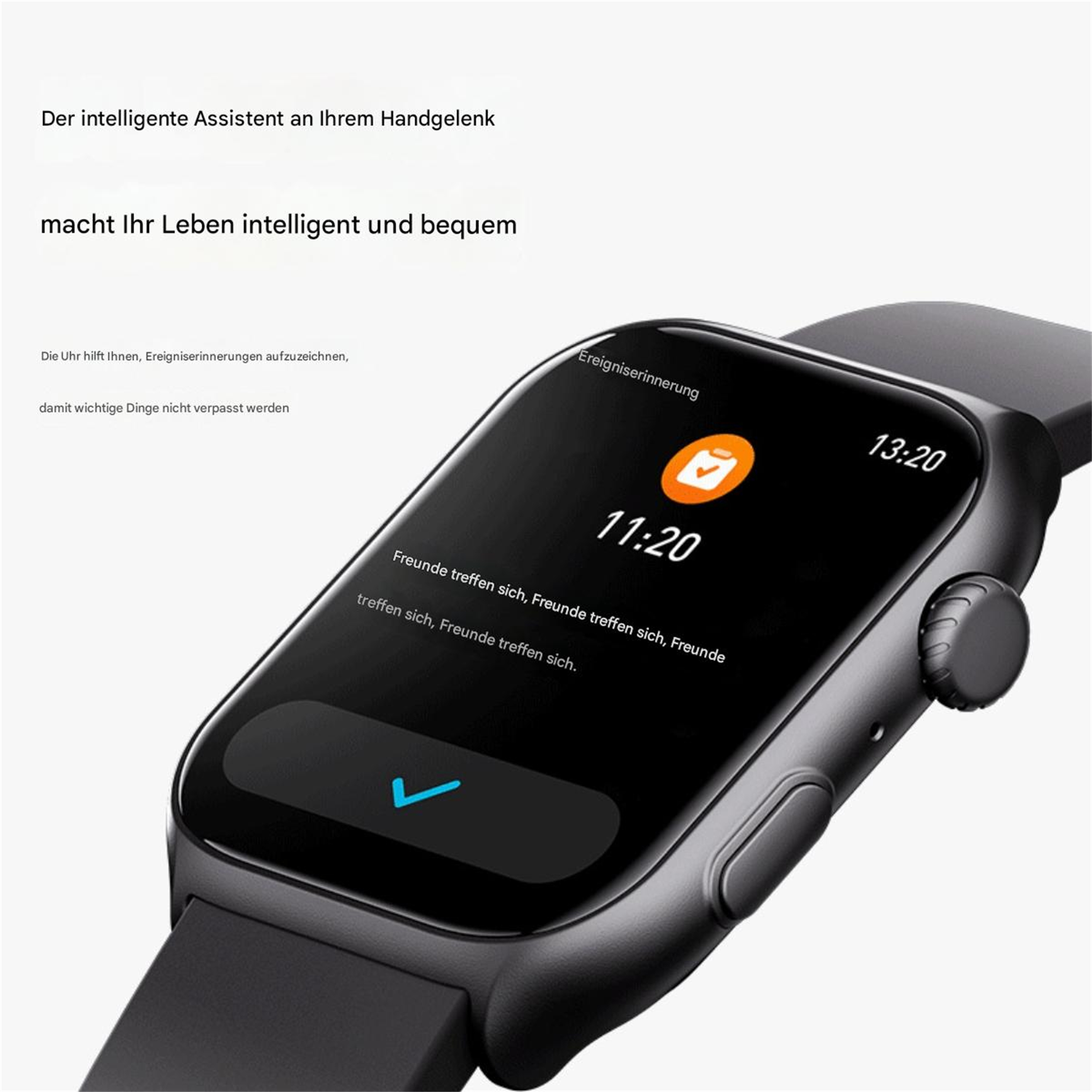Smartwatch, die Zeit und Terminerinnerung anzeigt, mit einem Häkchen-Symbol. Text auf Deutsch.