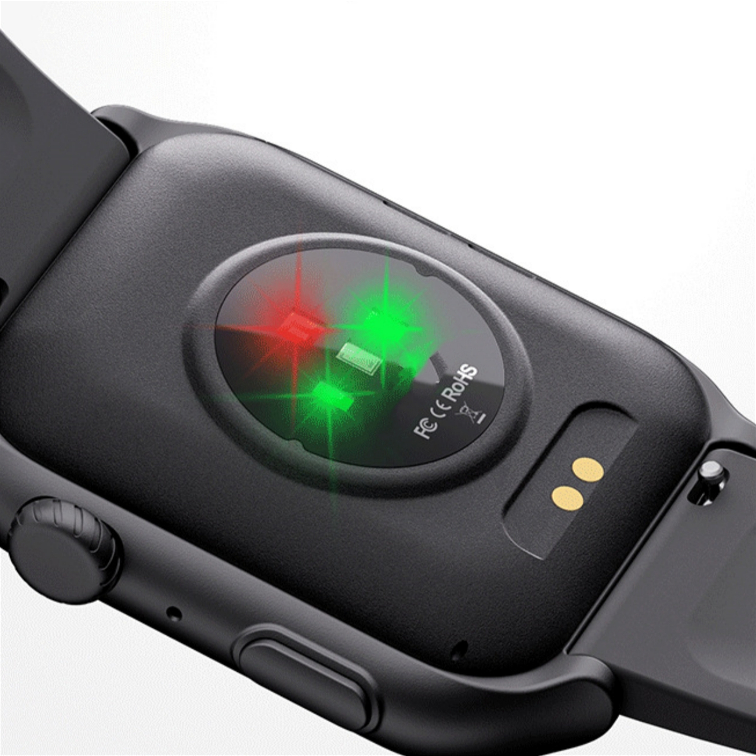 Rückseite einer schwarzen Smartwatch mit Herzfrequenzsensoren, roten und grünen Lichtern.