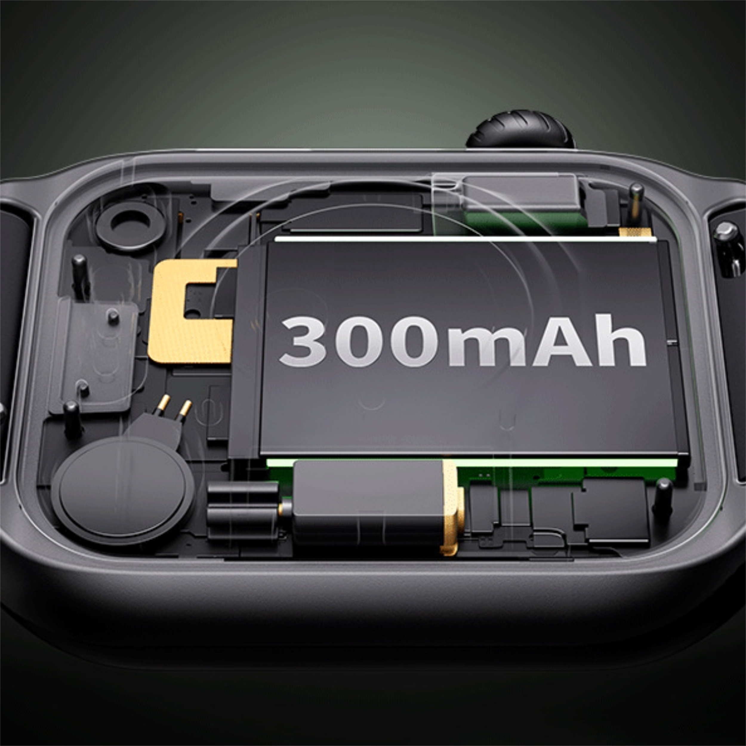 Nahaufnahme einer Smartwatch, die die interne Batterie mit der Aufschrift 300 mAh zeigt.