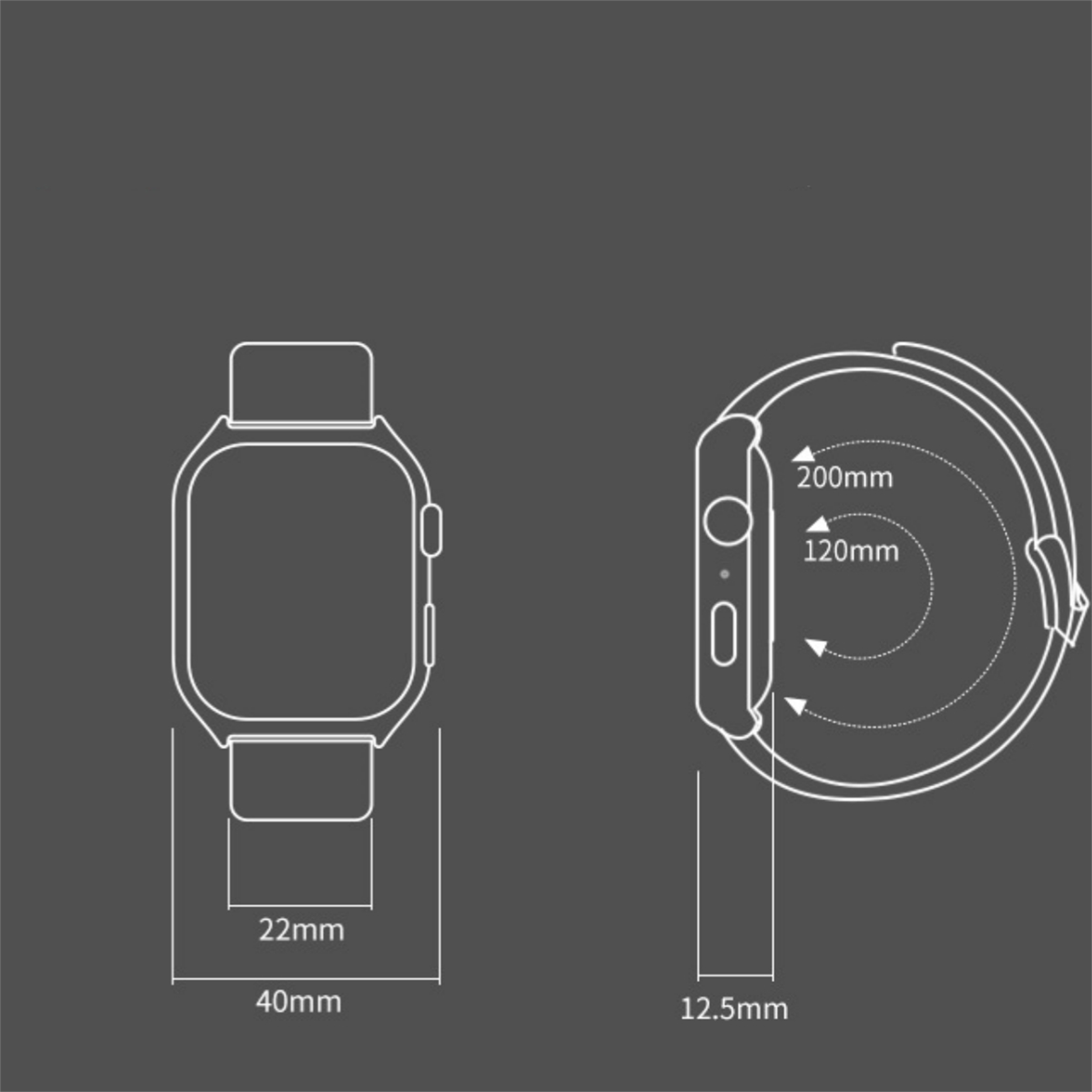 Diagramm mit Smartwatch-Abmessungen. Eine rechteckige Uhr mit einem 22-mm-Armband und 40-mm-Breite. Seitenansicht.