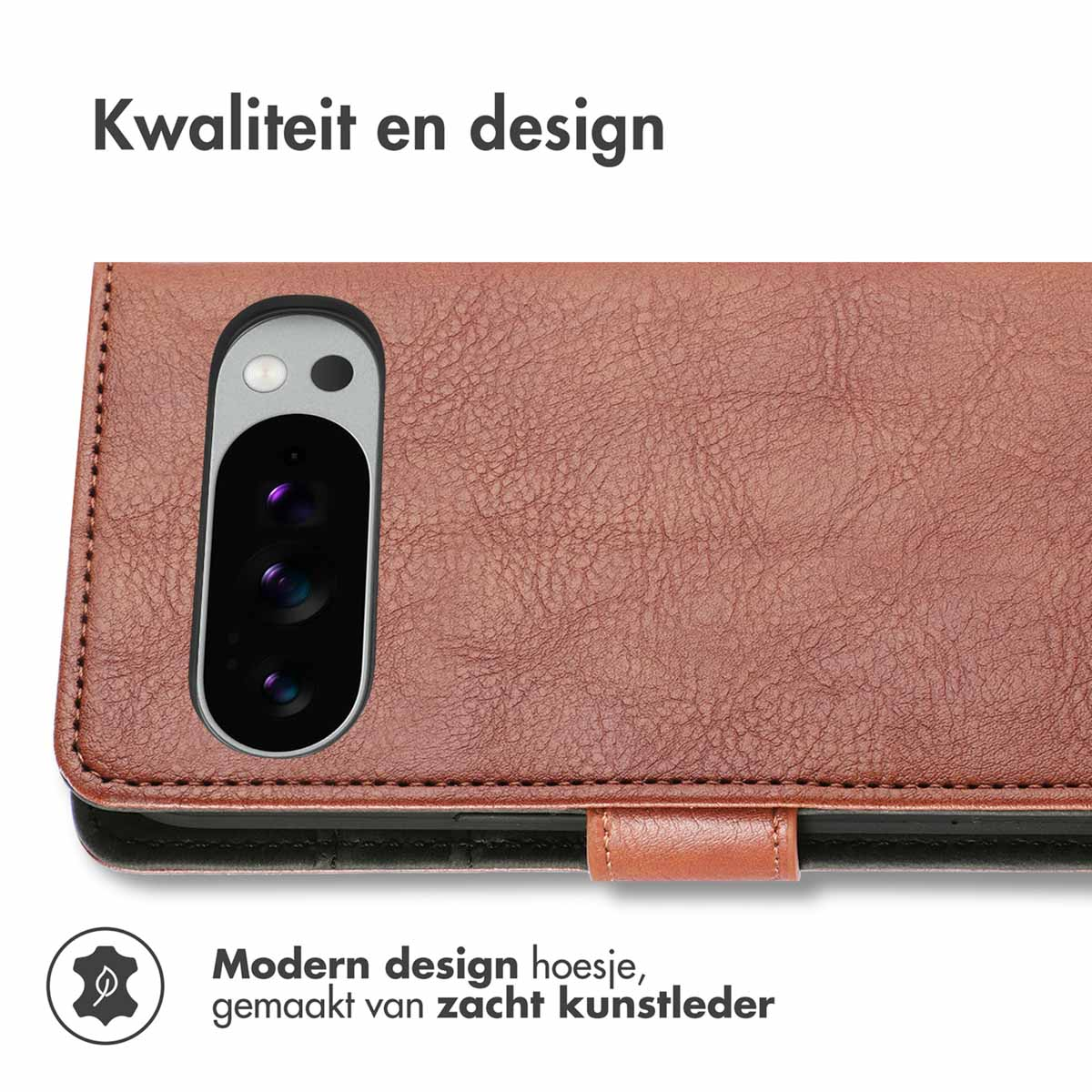 Bruine telefoonhoes met telefoon en tekst, "Modern design hoesje, gemaakt van zacht kunstleder" op wit.