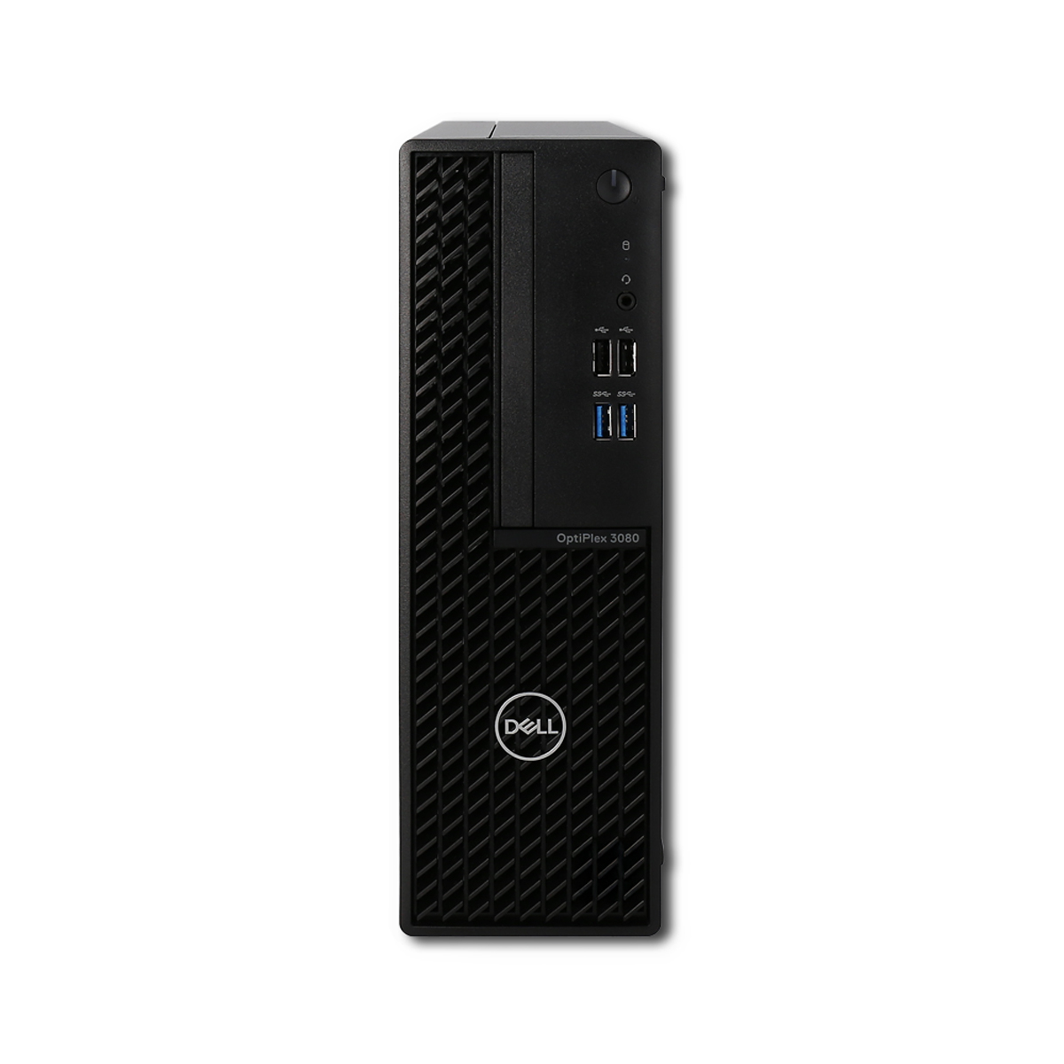 Torre del computer Dell OptiPlex 3080 nera. Pannello frontale nero con logo Dell. Sfondo bianco.