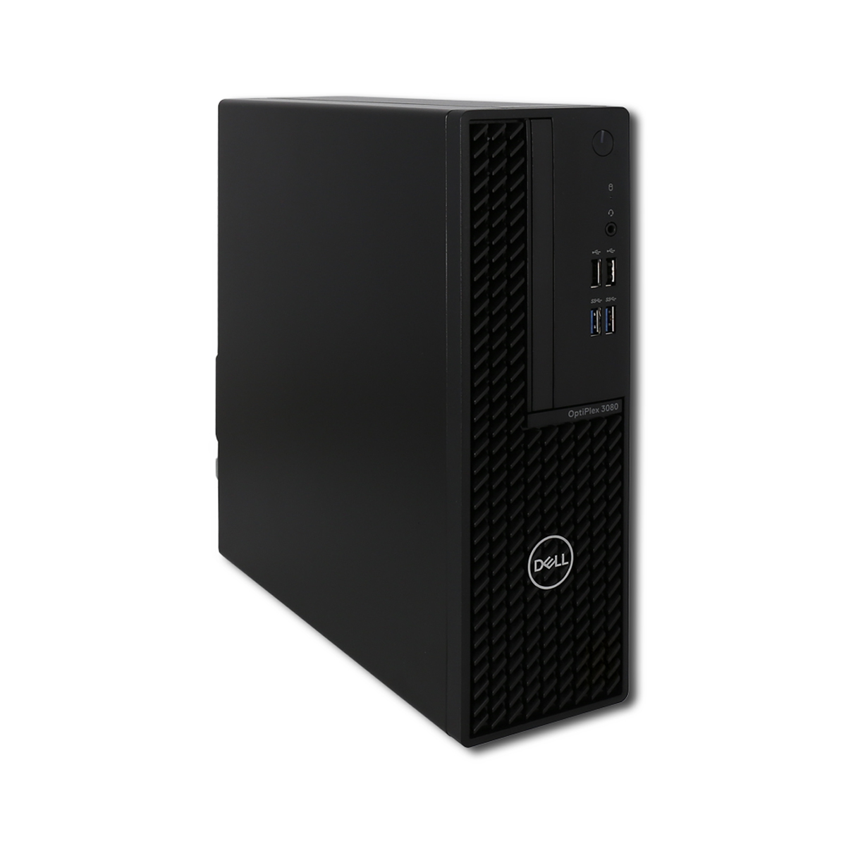 Computer desktop Dell OptiPlex 3080 nero su sfondo bianco.