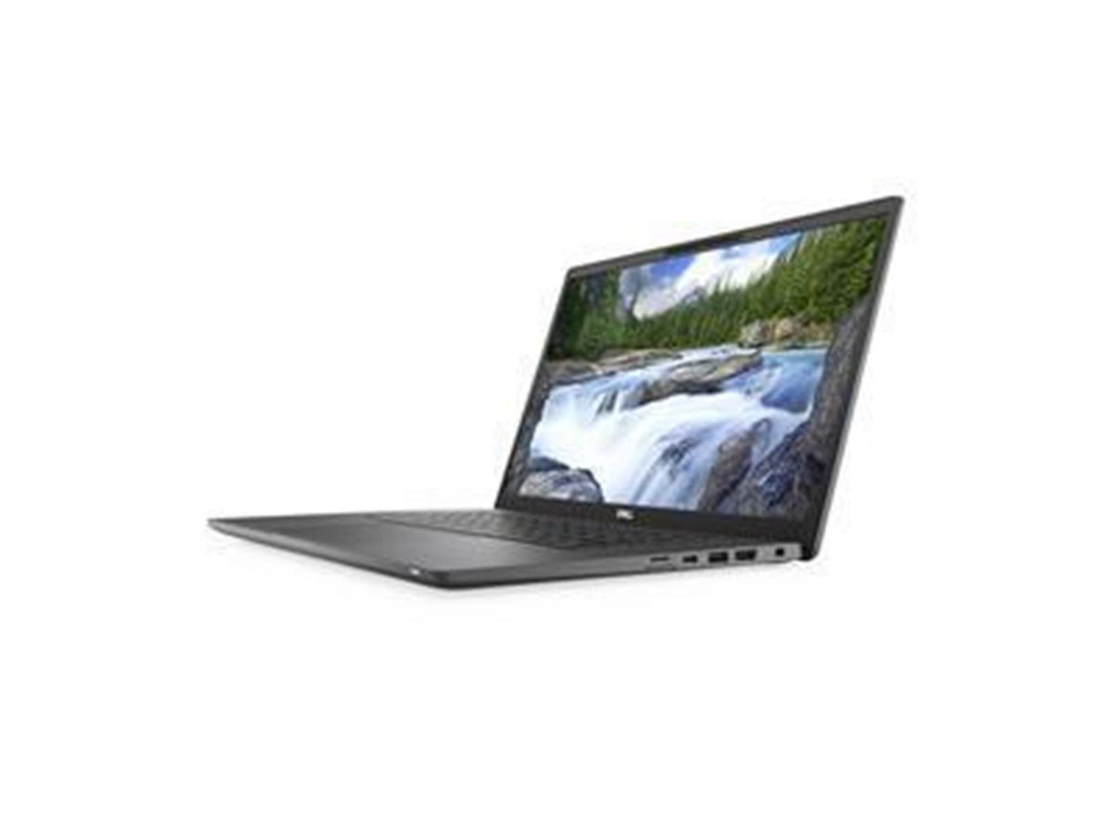 Laptop-Computer auf weißer Oberfläche. Der Bildschirm zeigt einen Wasserfall und einen Wald.