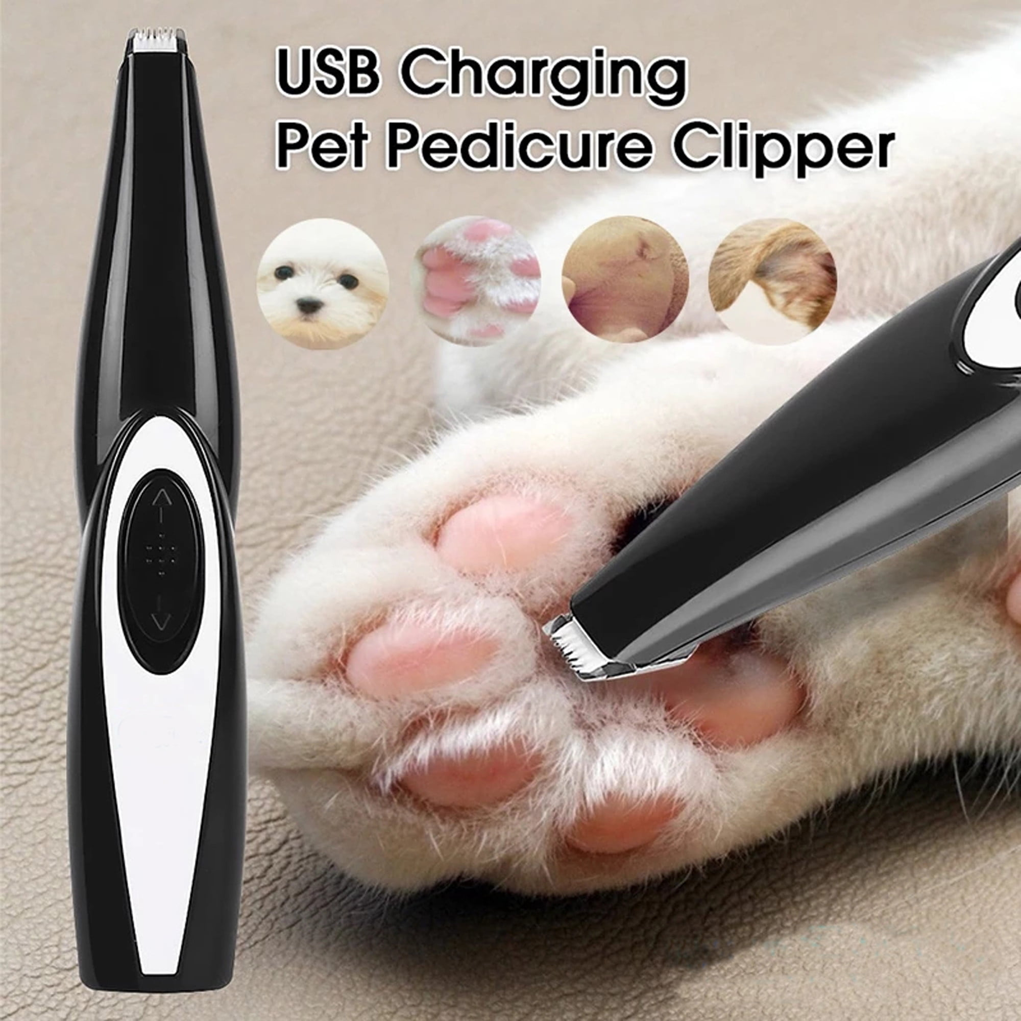Schwarzer und weißer Krallenschneider für Haustiere in der Nähe einer Hundepfote. Text: USB-Aufladung Pet Pediküre Clipper.