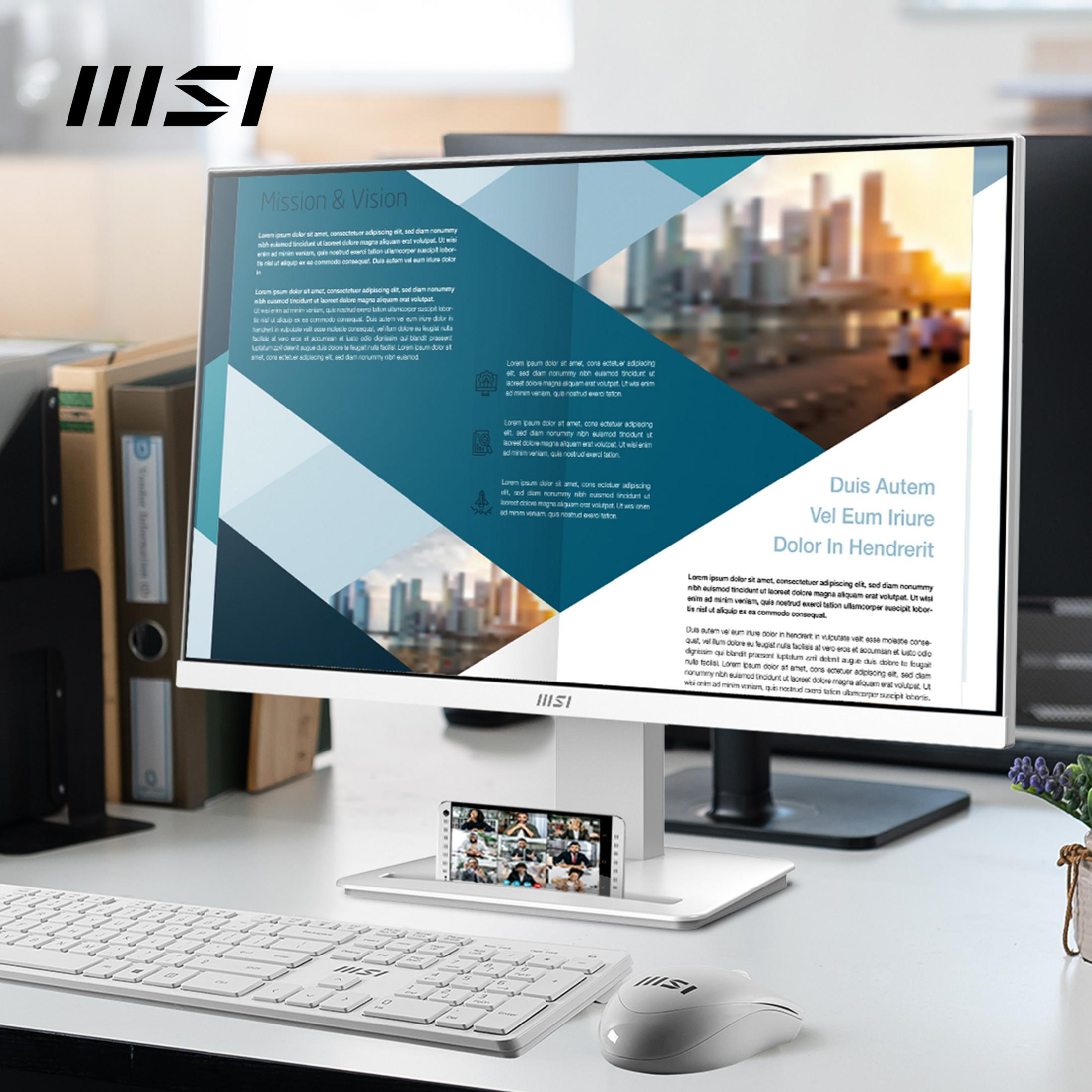 Monitor MSI z tekstem oraz telefonem, klawiaturą i myszą na białym biurku.