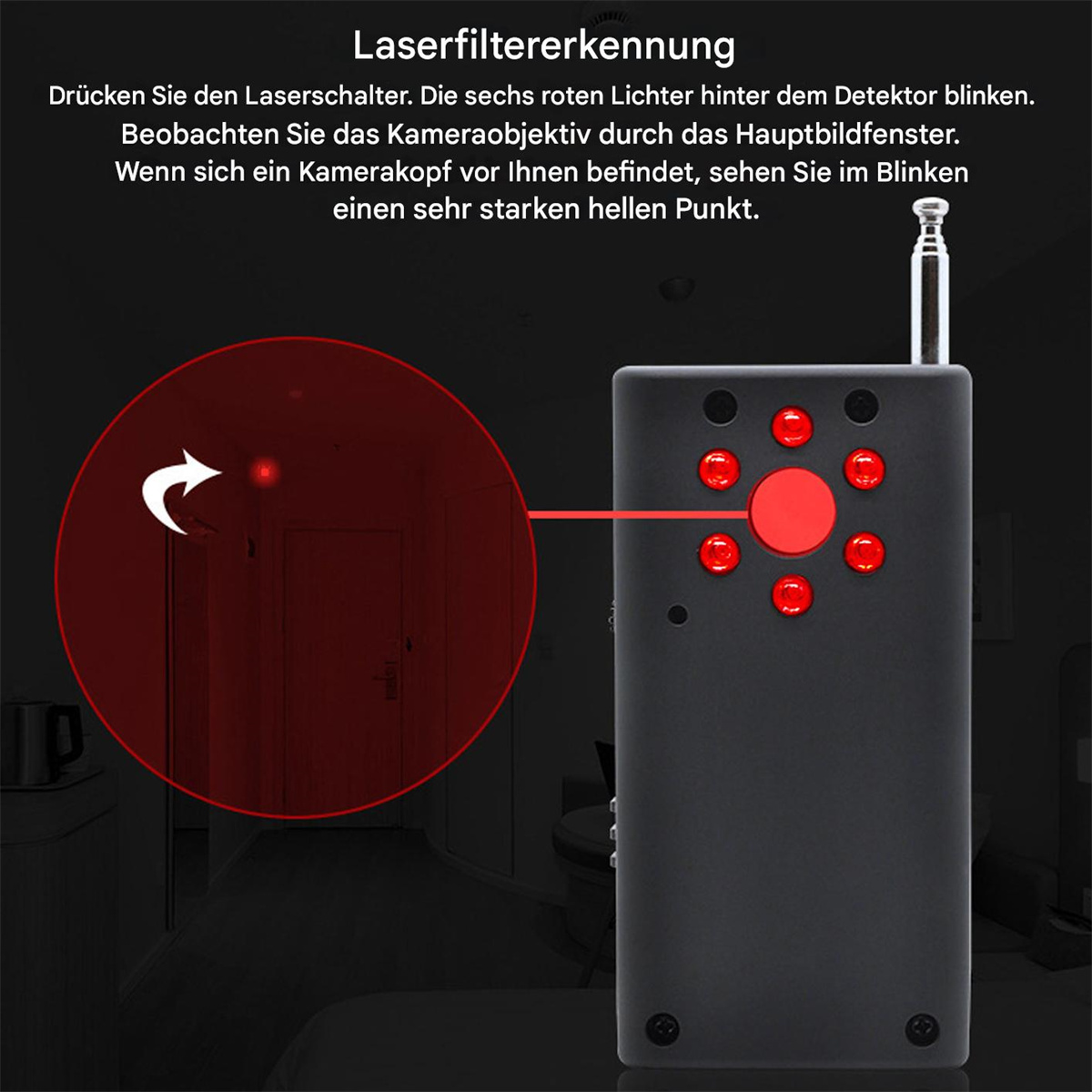 Gerät zur Erkennung eines Kameraobjektivs. Rote Lichter und Text auf Deutsch, Laserfiltererkennung.