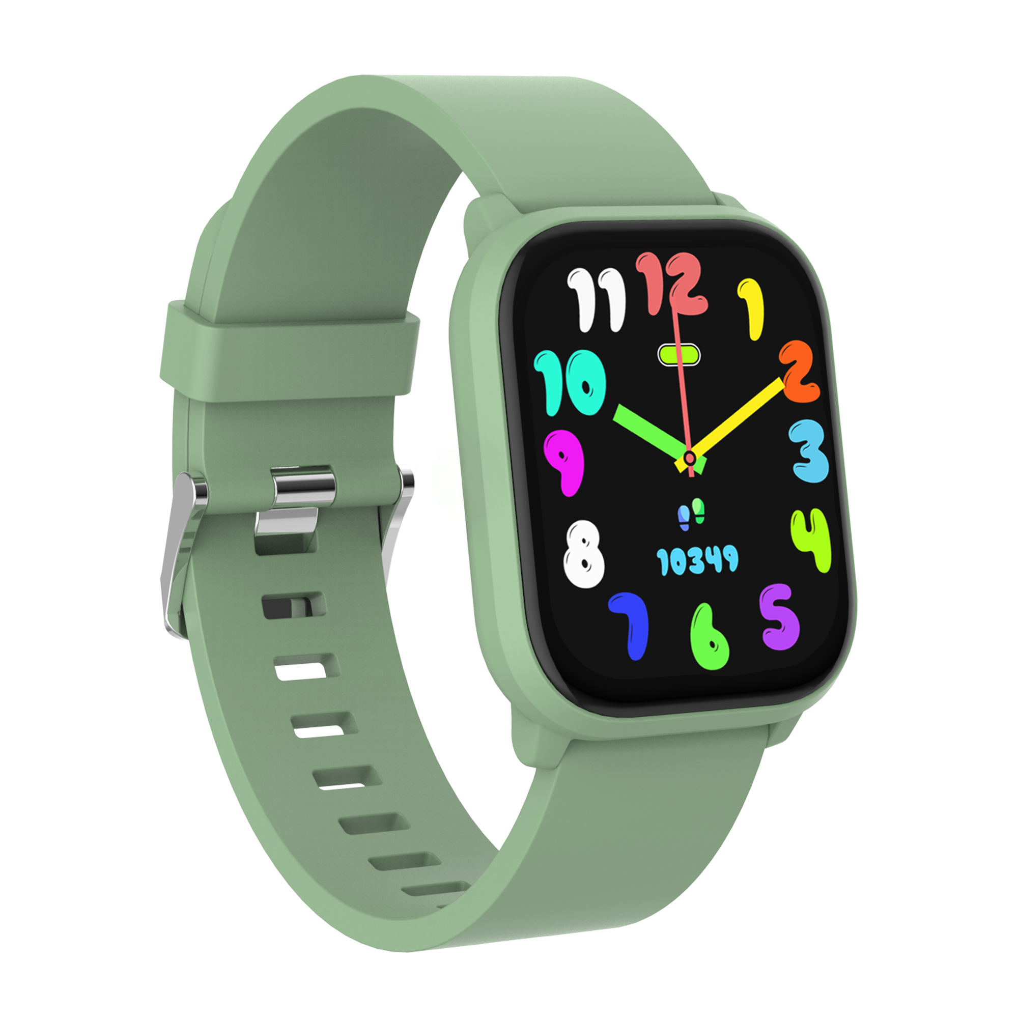 Montre connectée verte avec écran coloré et bracelet vert sur fond blanc.