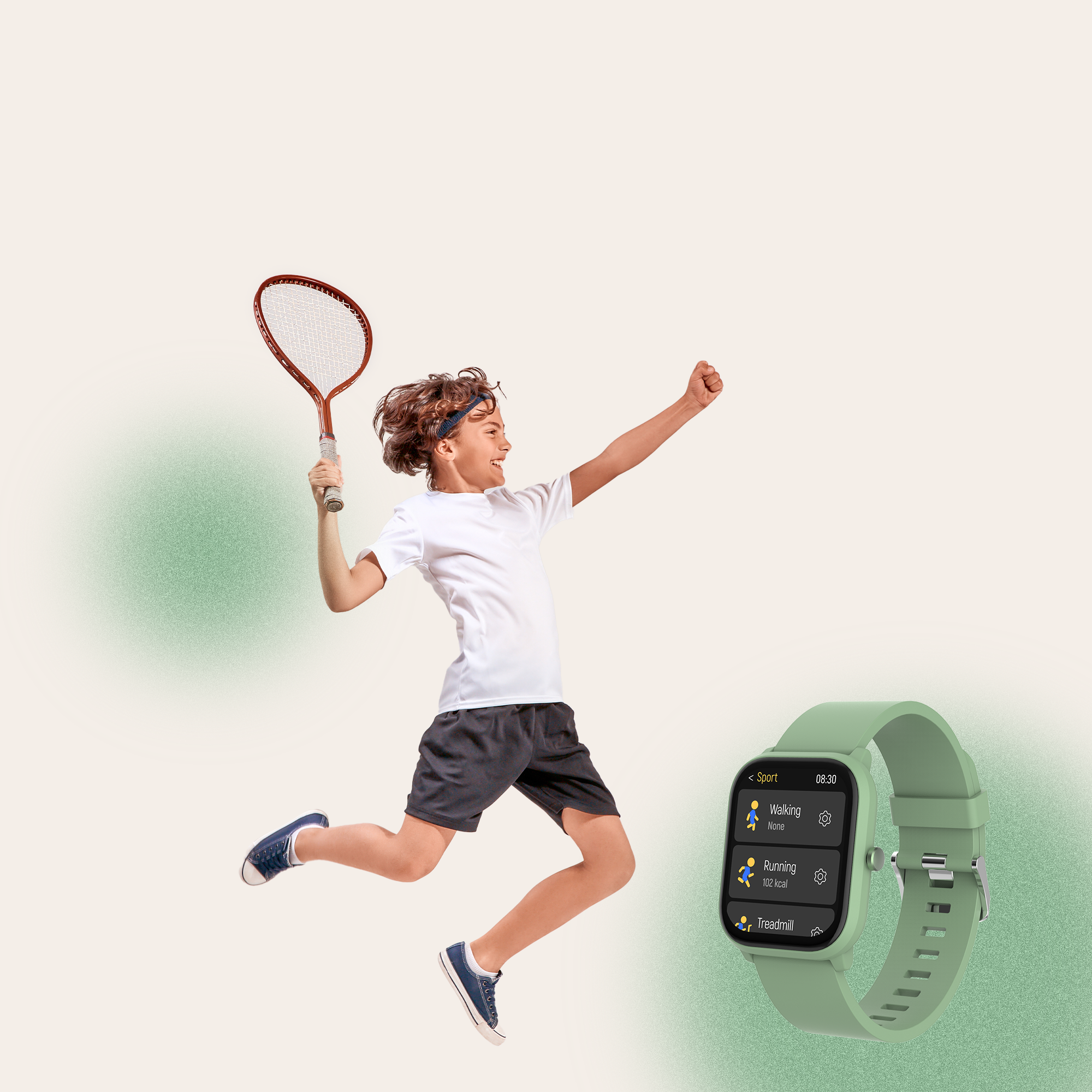 Garçon sautant, tenant une raquette de tennis, avec une montre connectée. La montre affiche les modes sportifs.