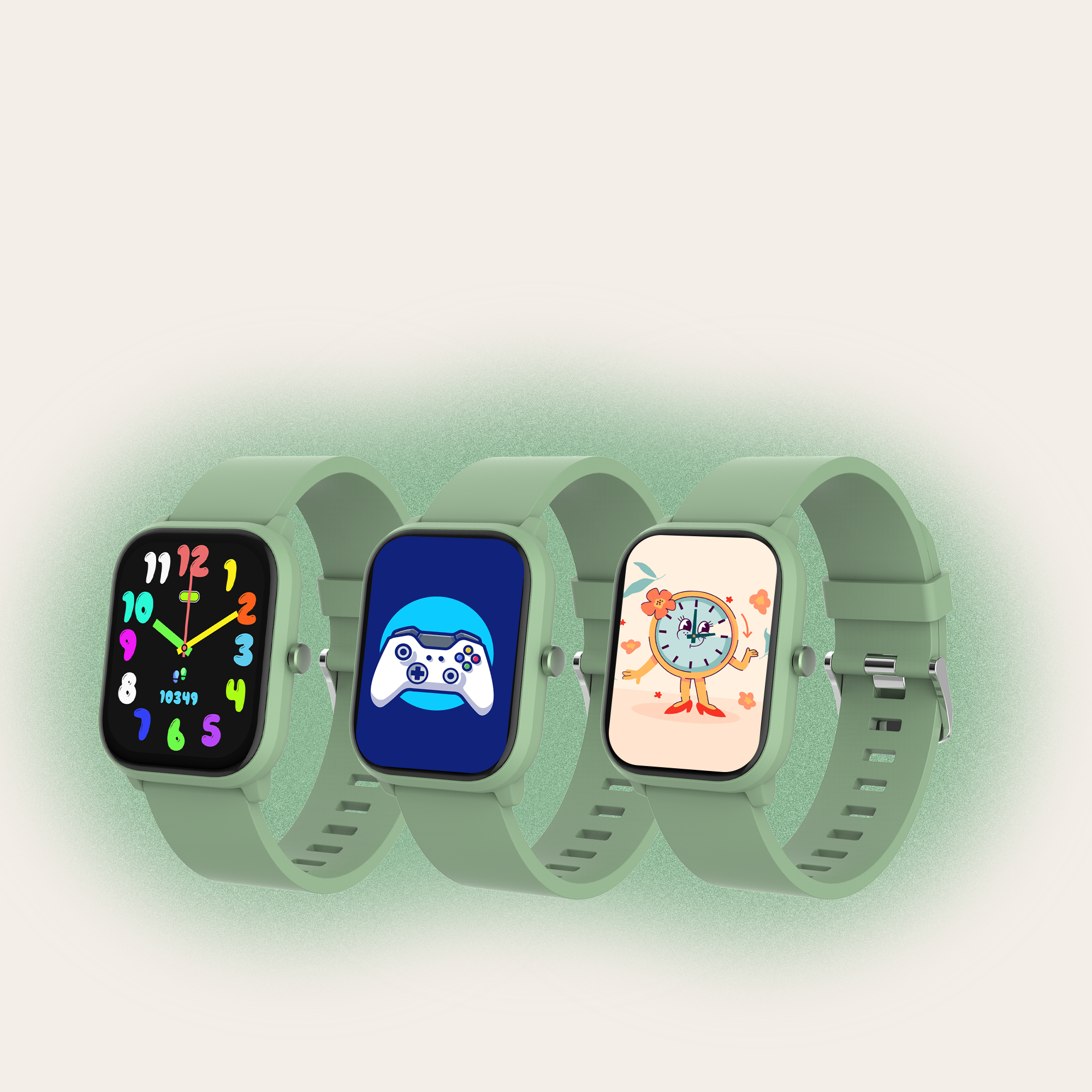 Trois montres connectées avec des bracelets verts et différents écrans.