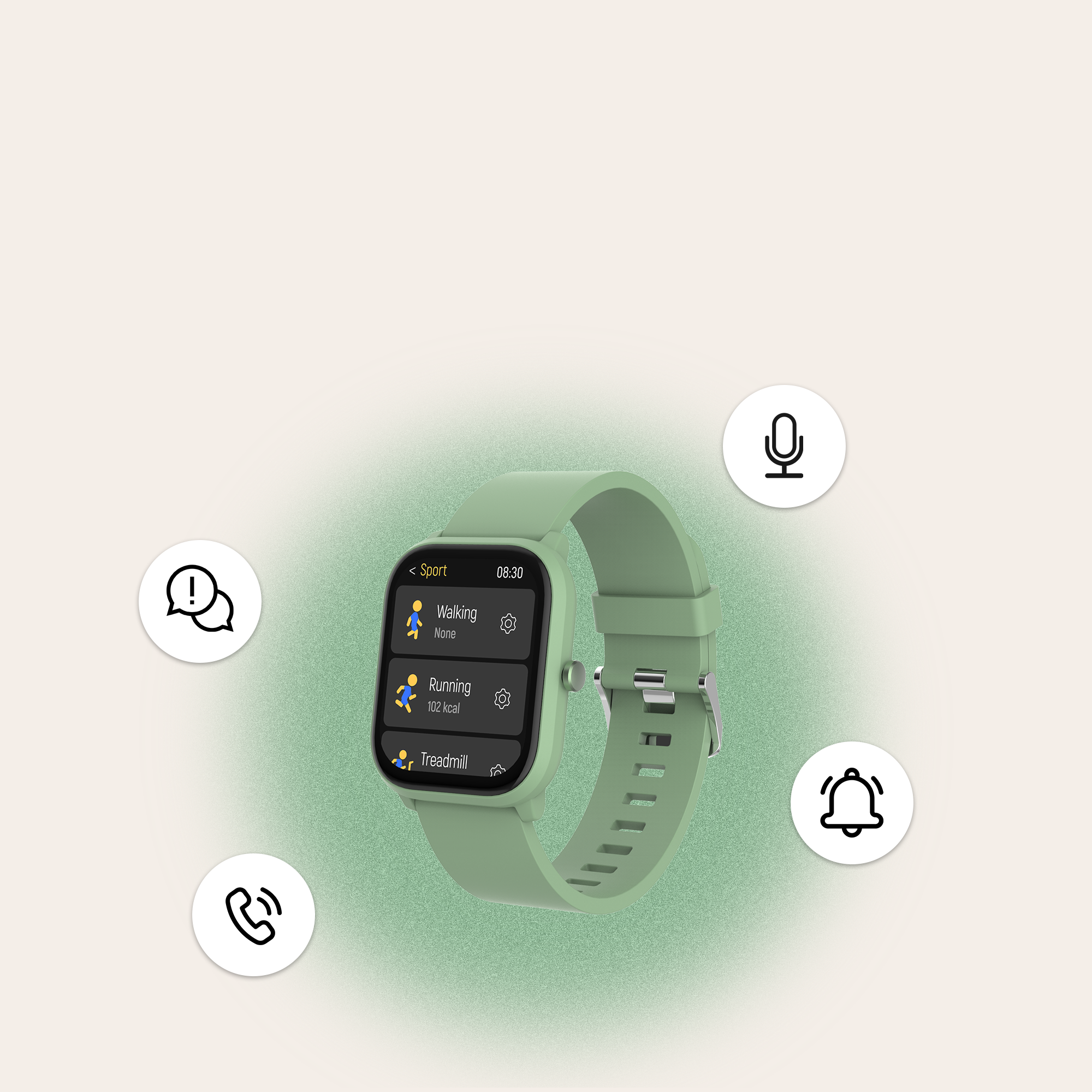 Une smartwatch verte avec des icônes d'activités sportives, un microphone et une cloche de notification.