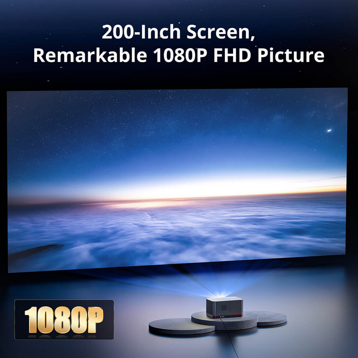 Projektor, der eine Sternenhimmel-Szene anzeigt, mit 1080P-Label.