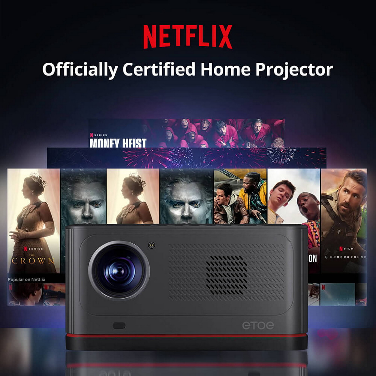 Schwarzer Projektor mit rotem Zierrat. Filmplakate im Hintergrund. Netflix-Logo oben.