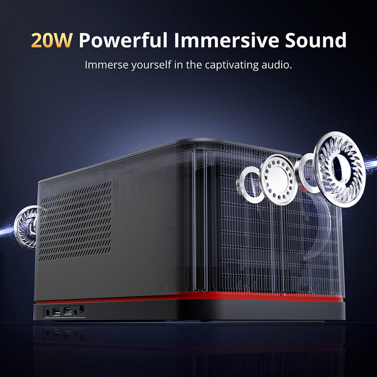 Ein schwarzer Computer mit Lautsprechern. Der Text lautet: 20W kraftvoller, immersiver Sound.