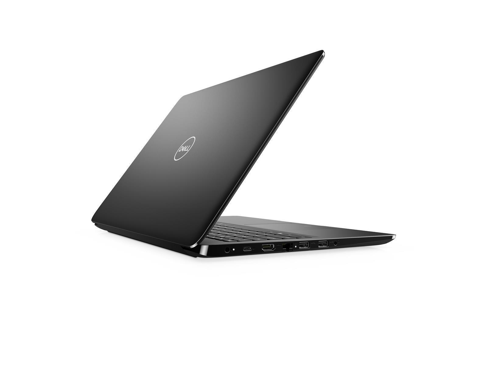 Schwarzer Dell Laptop, in einem Winkel geöffnet. Das Dell-Logo ist auf dem Deckel sichtbar.