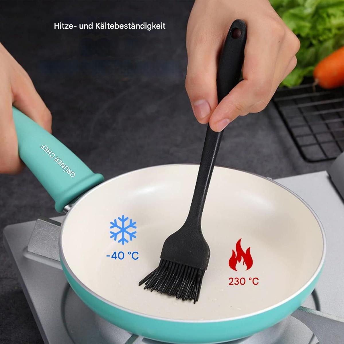 Bratpfanne mit schwarzem Pinsel. Hitzebeständigkeit bis 230°C und Kältebeständigkeit bis -40°C.