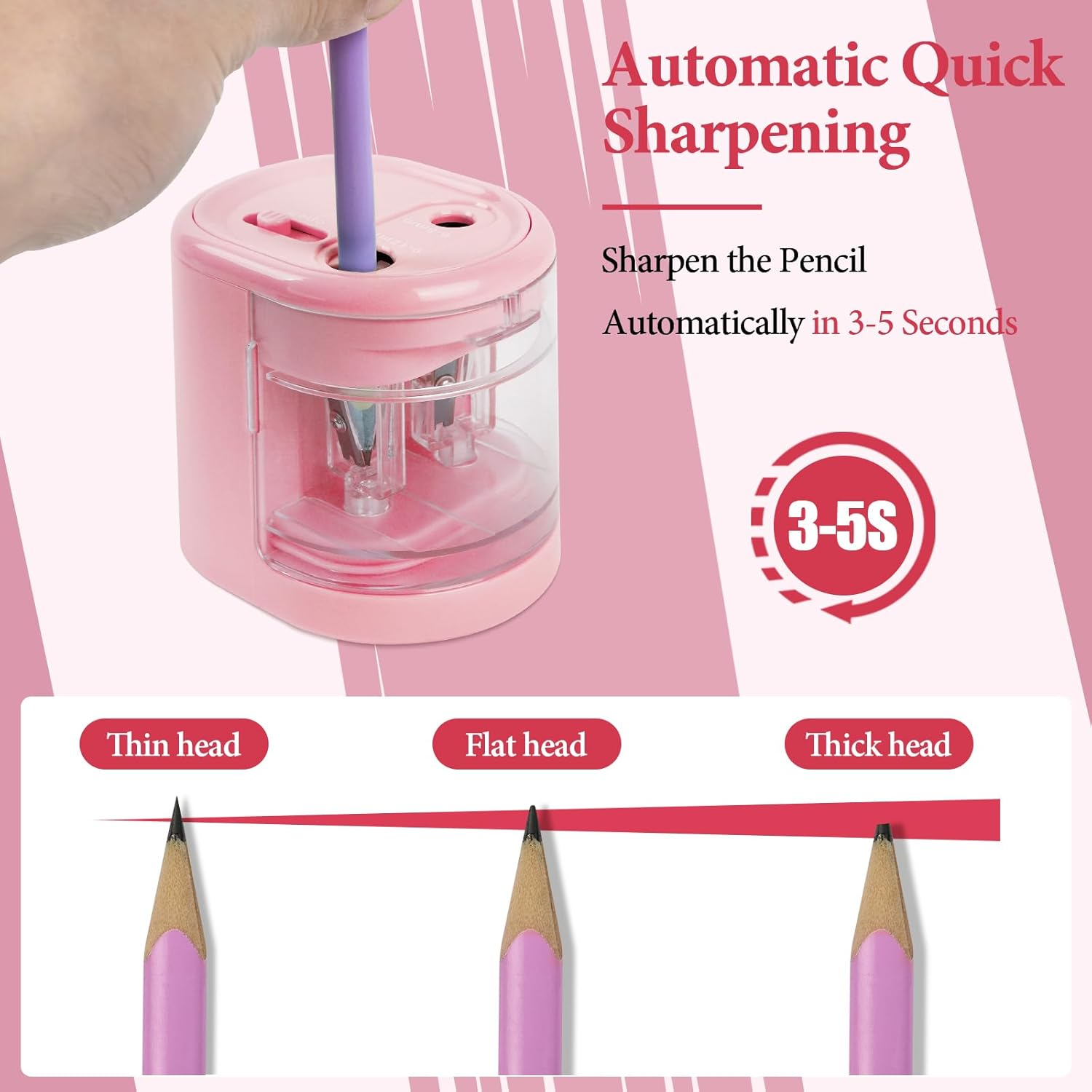 Ein rosa Anspitzer mit einem lila Stift, der eingeführt wird. Text wirbt für automatisches Anspitzen in 3-5 Sekunden.