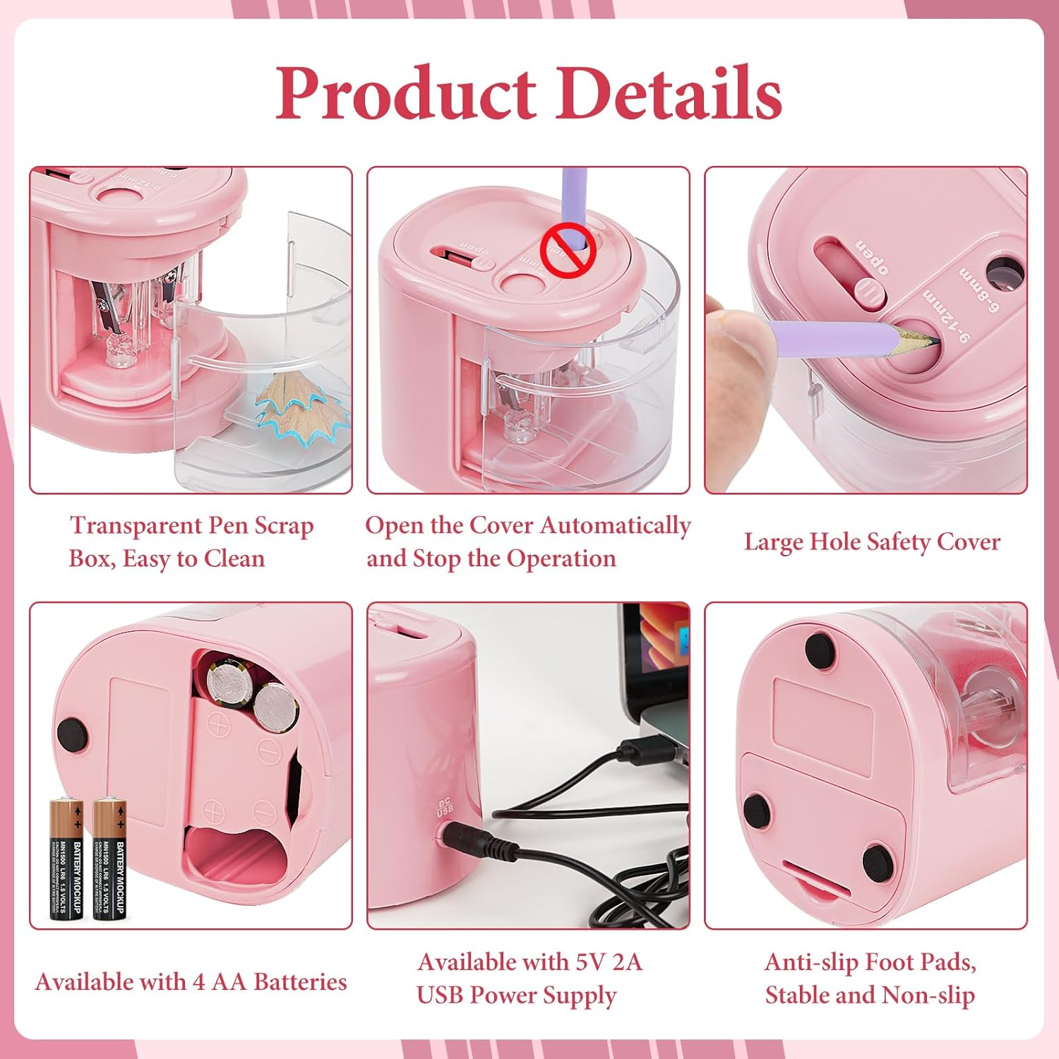 Elektrischer rosa Spitzer. Details auf transparentem Behälter, Deckel, Batterie und USB-Netzteil.