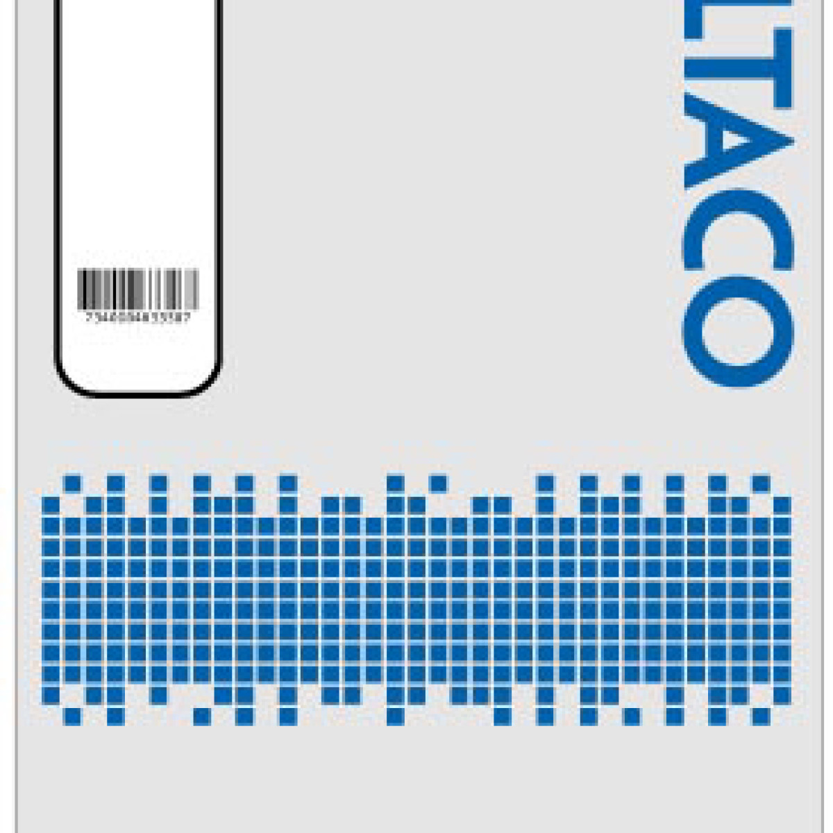 Diseño gris y blanco de una etiqueta con código de barras y cuadrícula azul.