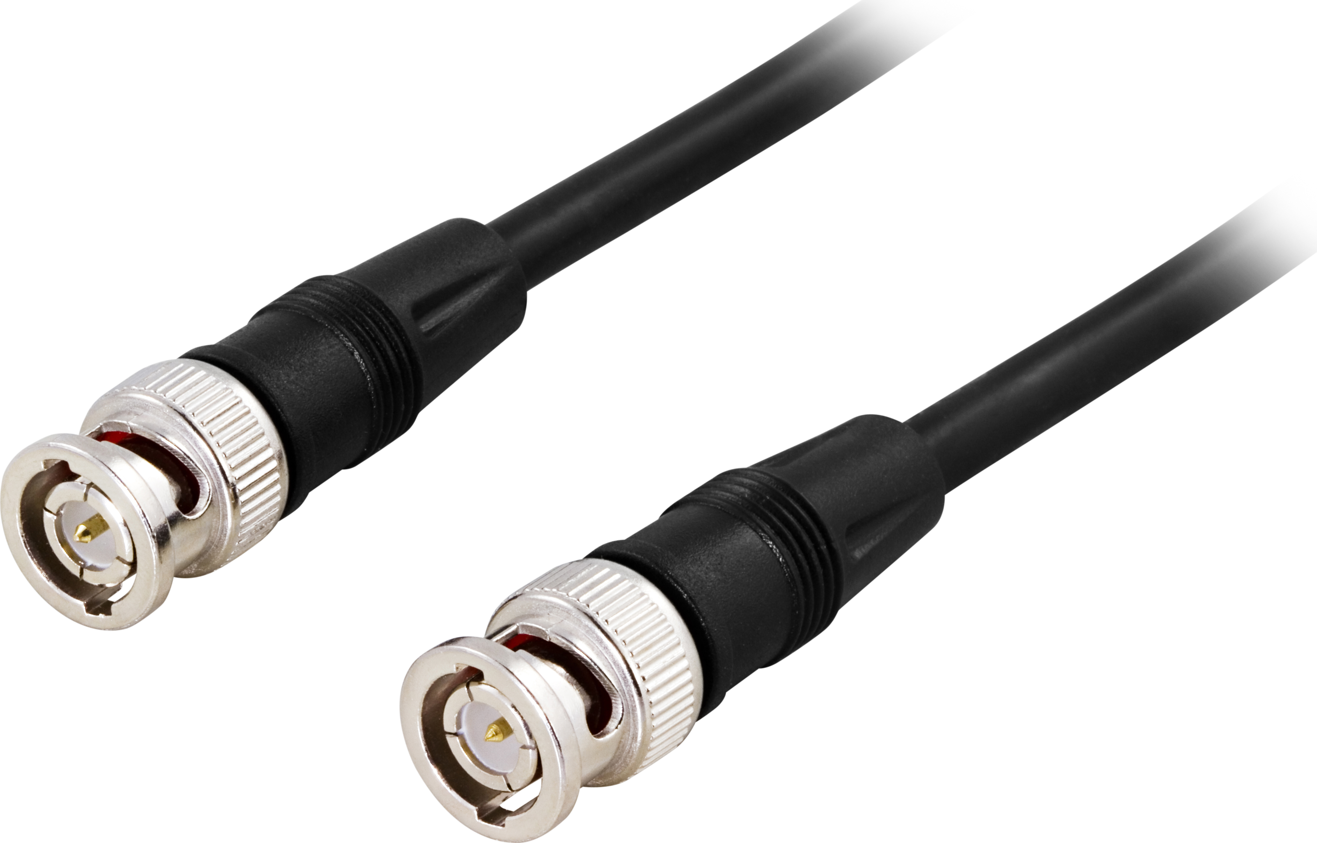 Cable BNC con conectores en ambos extremos, negro, aislado sobre fondo blanco.
