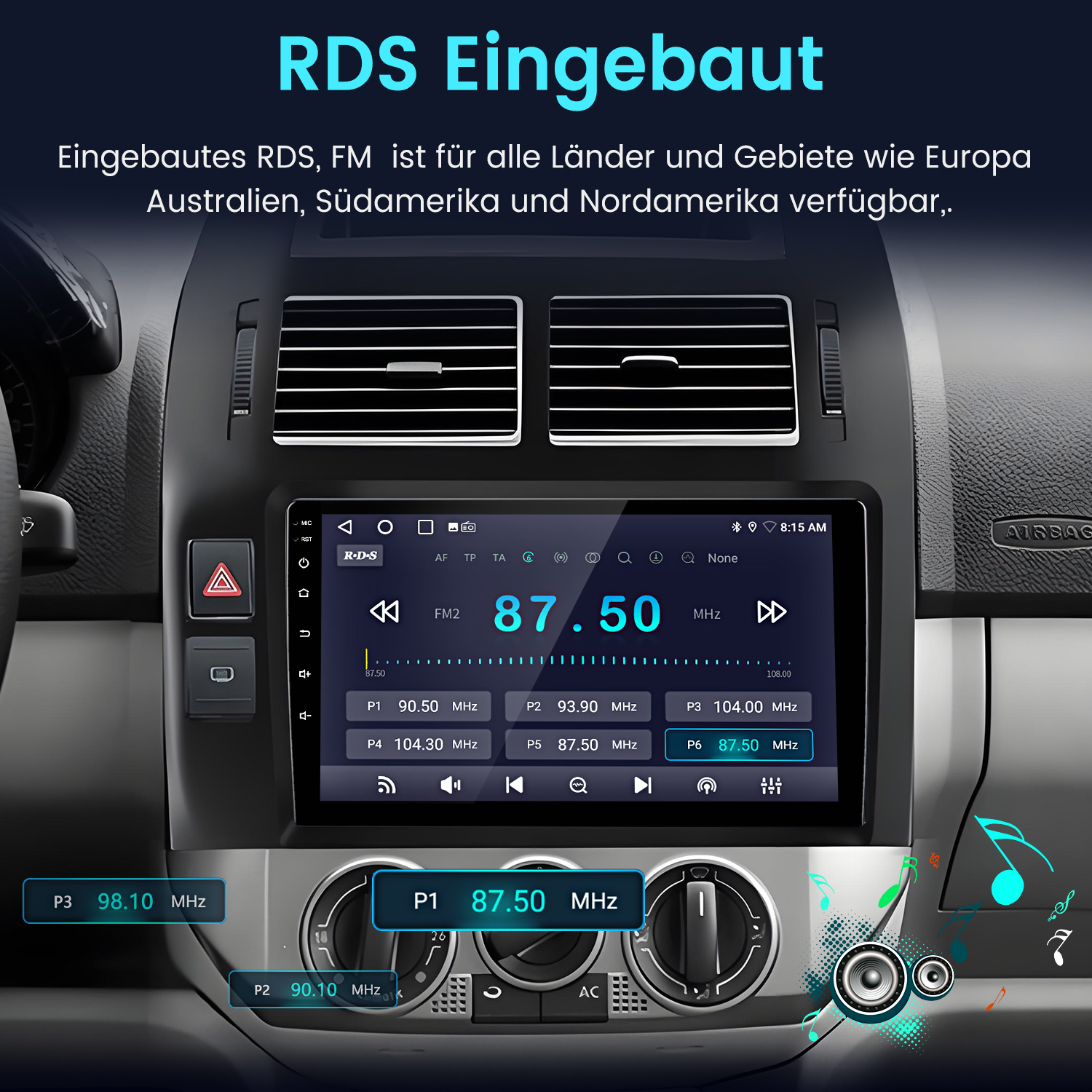 Autoradio-Bildschirm mit Radiosenderdetails. Das Radio befindet sich in einem Armaturenbrett.