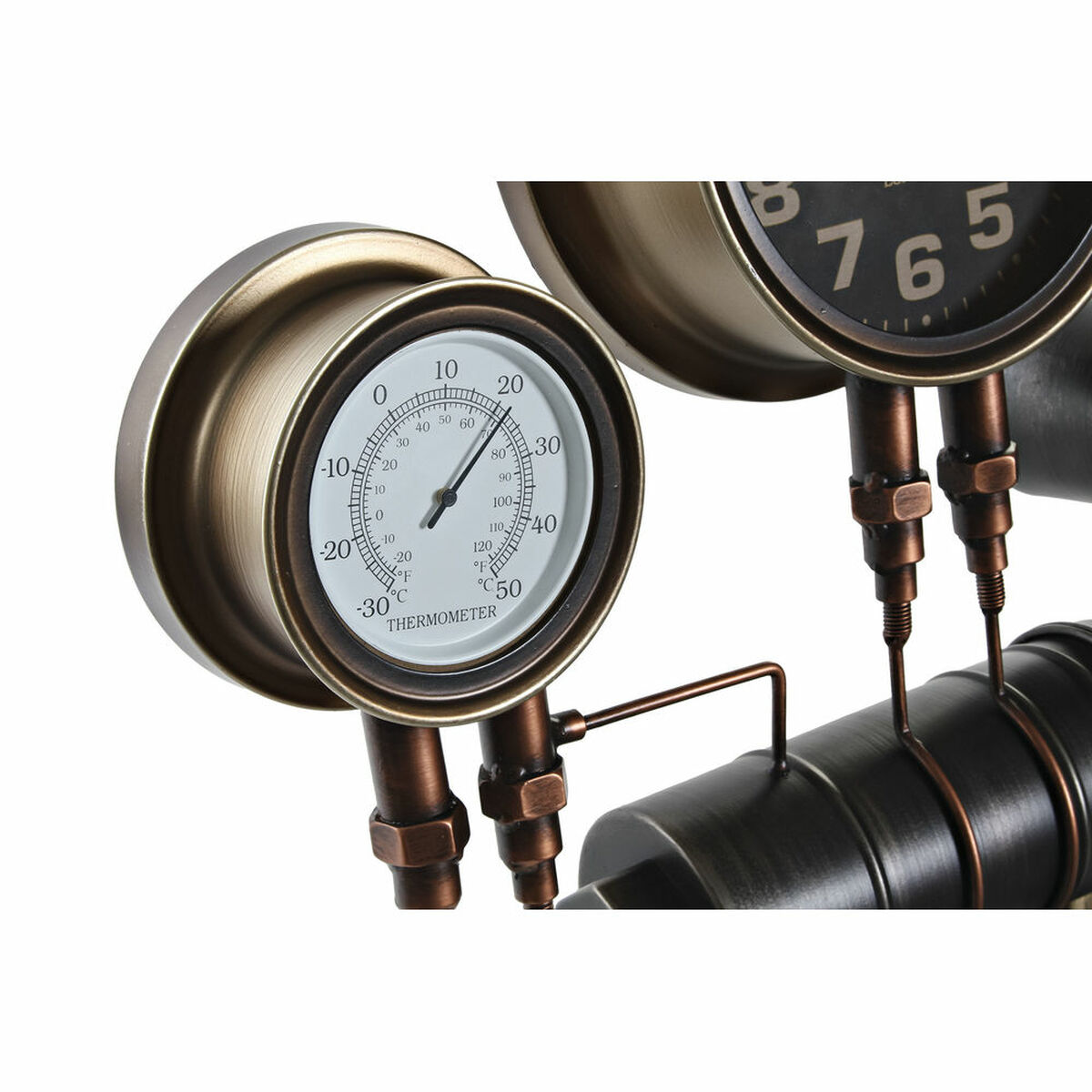 Un indicatore in stile steampunk, con un termometro e un orologio.