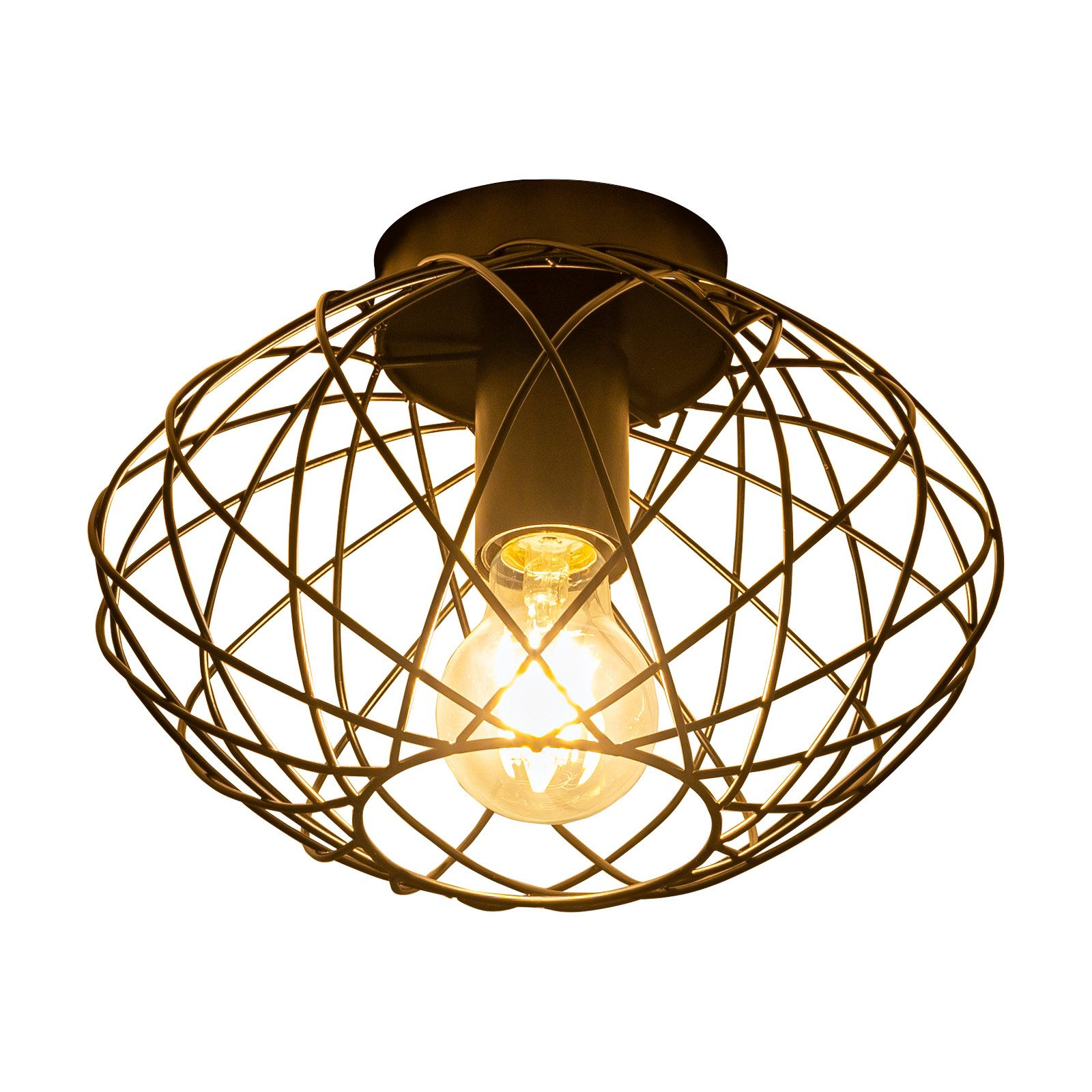 Paralume nero in metallo a forma di gabbia con lampadina, su sfondo bianco.