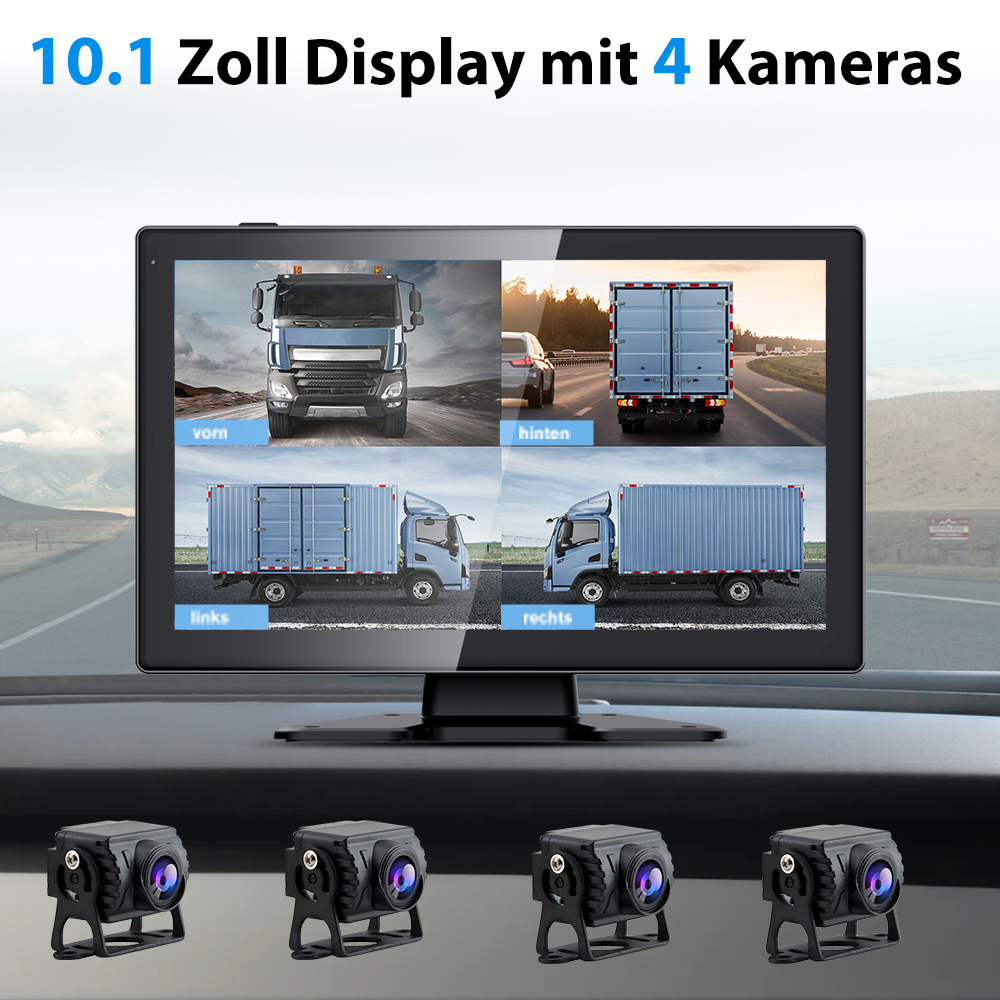 Armaturenbrettanzeige mit 4-Kamera-Ansicht eines Lastwagens, darunter vier schwarze Kameras.
