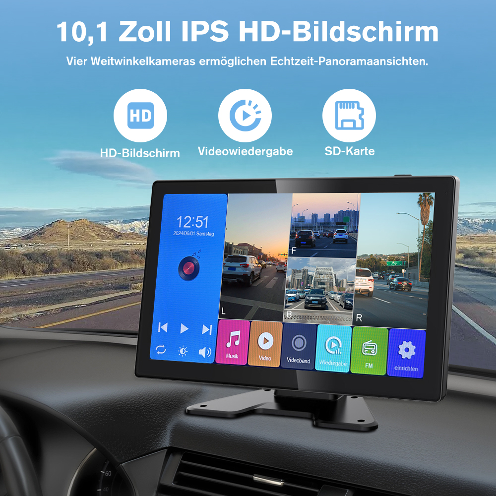Auto-Armaturenbrett mit Bildschirm mit UI und Symbolen. Text oben. Tasten unten.