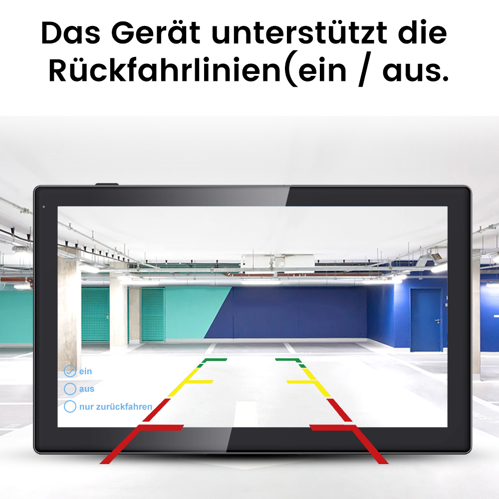 Ein Bildschirm zeigt Linien zur Parkunterstützung an. Deutsche Texte sind sichtbar, mit Optionen zum Rückwärtsfahren.