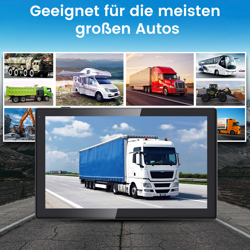 Ein Tablet-Bildschirm mit verschiedenen Fahrzeugen, Text oben: Geeignet für die meisten großen Autos.