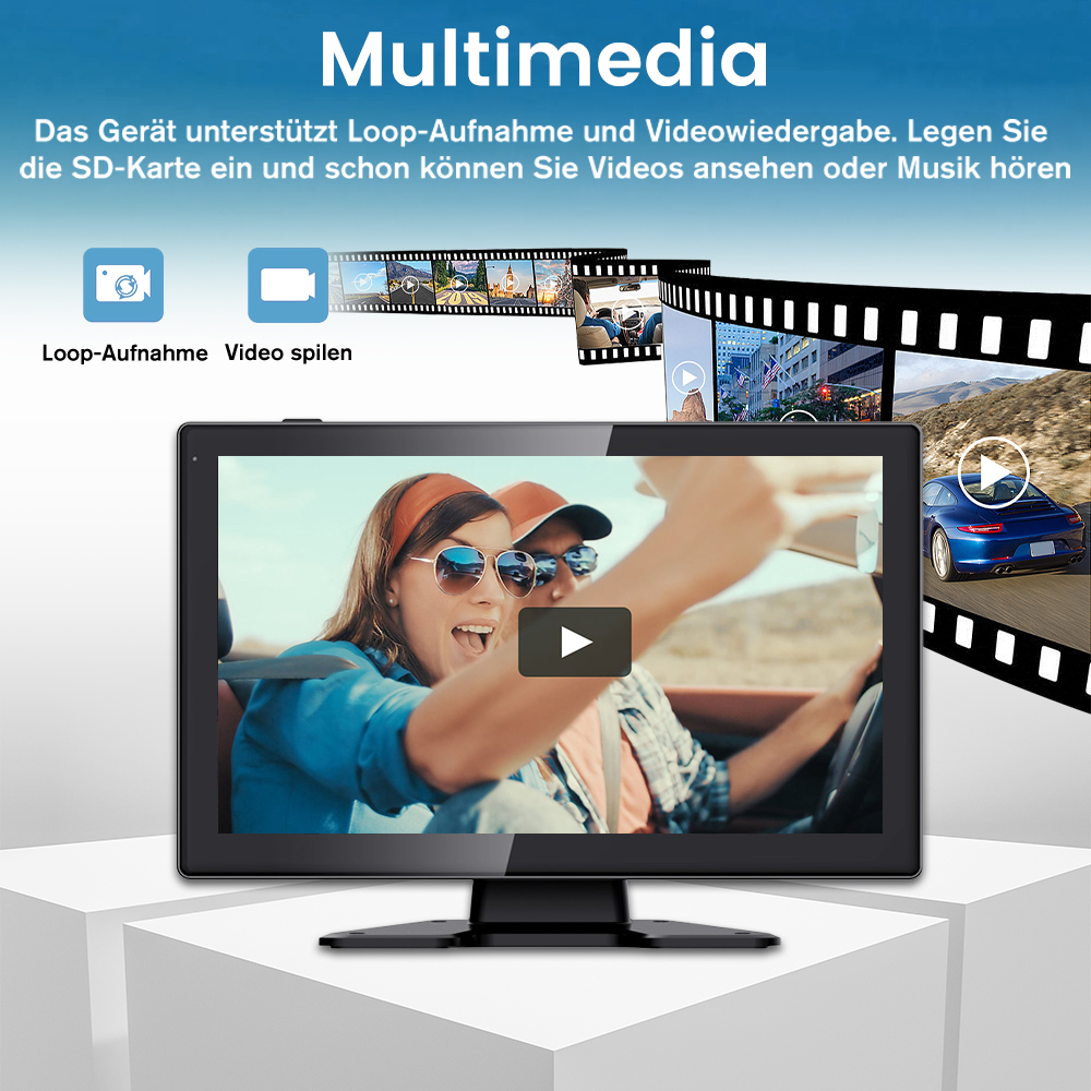 Ein Multimediagerät, das Videos anzeigt. Symbole und Text zeigen Funktionen wie Schleife und Videowiedergabe.