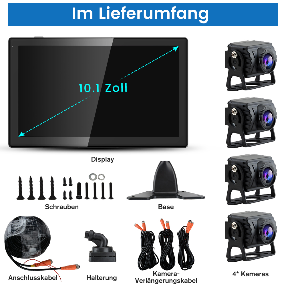 Ein Display mit Kameras und Zubehör. Die Box zeigt mehrere Kameras und andere Komponenten.