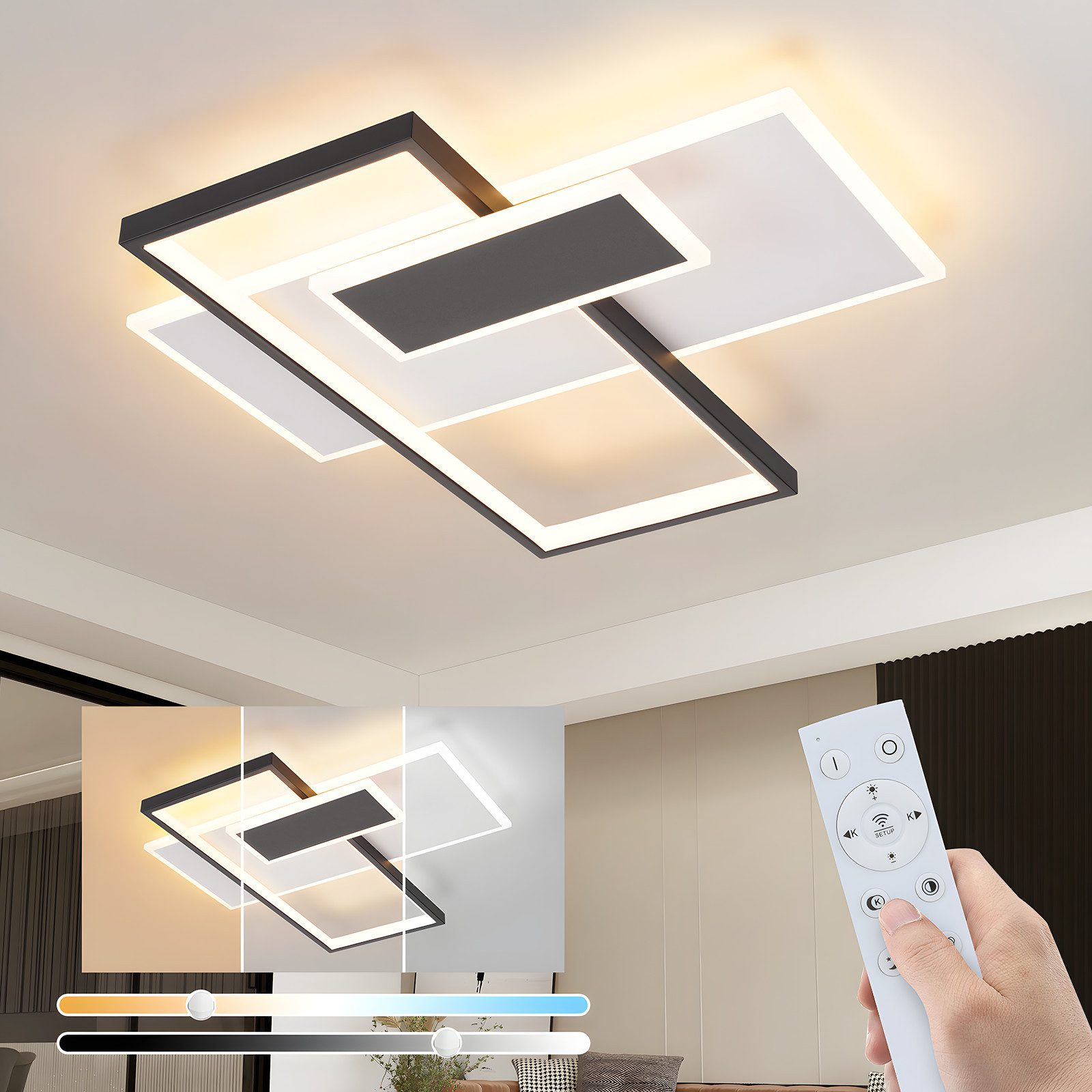 Lampada da soffitto moderna con design geometrico bianco e nero e opzioni di temperatura colore, telecomando.