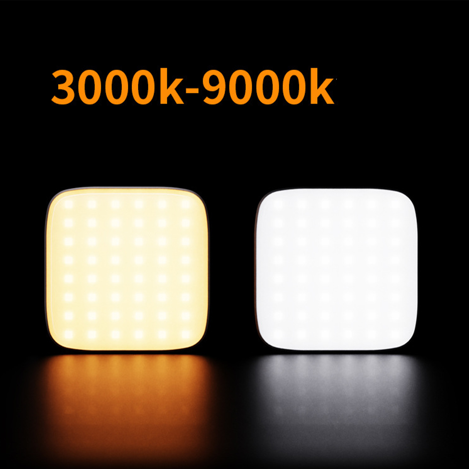 Zwei quadratische LED-Leuchten nebeneinander, eine warm, eine kühl. Text: 3000k-9000k.
