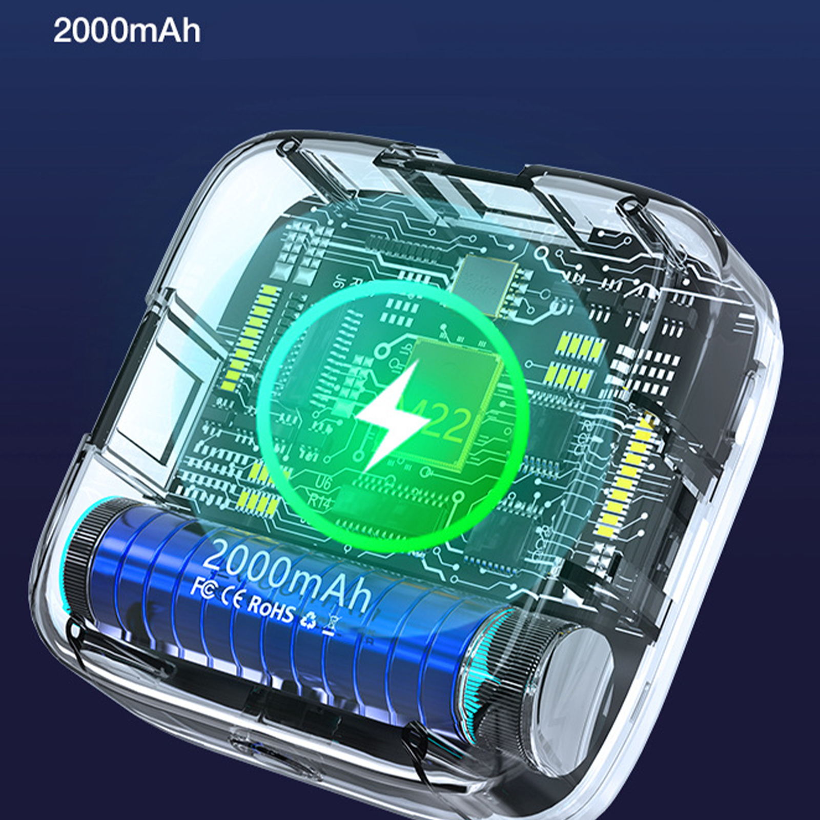 Ein transparentes elektronisches Gerät mit einer blauen Batterie, das interne Schaltkreise zeigt.