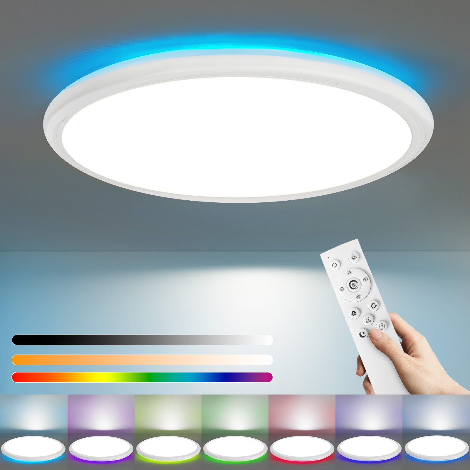 Una plafoniera rotonda bianca con luce blu e bianca. Viene tenuto un telecomando.