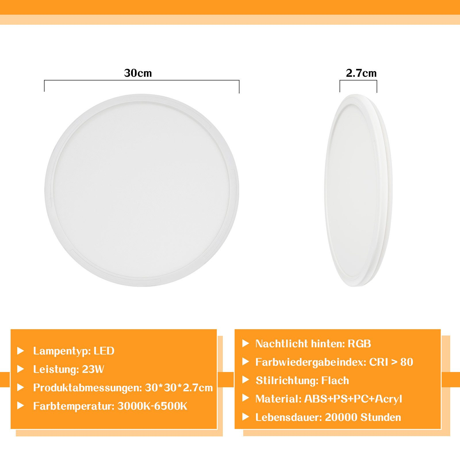 Una luce LED bianca rotonda, diametro 30 cm, spessore 2,7 cm. Pannelli informativi in tedesco.