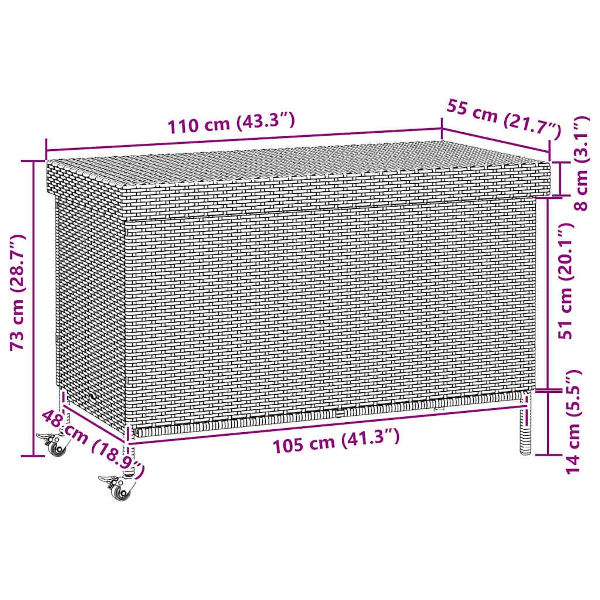 Eine braune, gewebte Outdoor-Aufbewahrungsbox mit Maßen. Die Box hat einen Deckel und Beine.