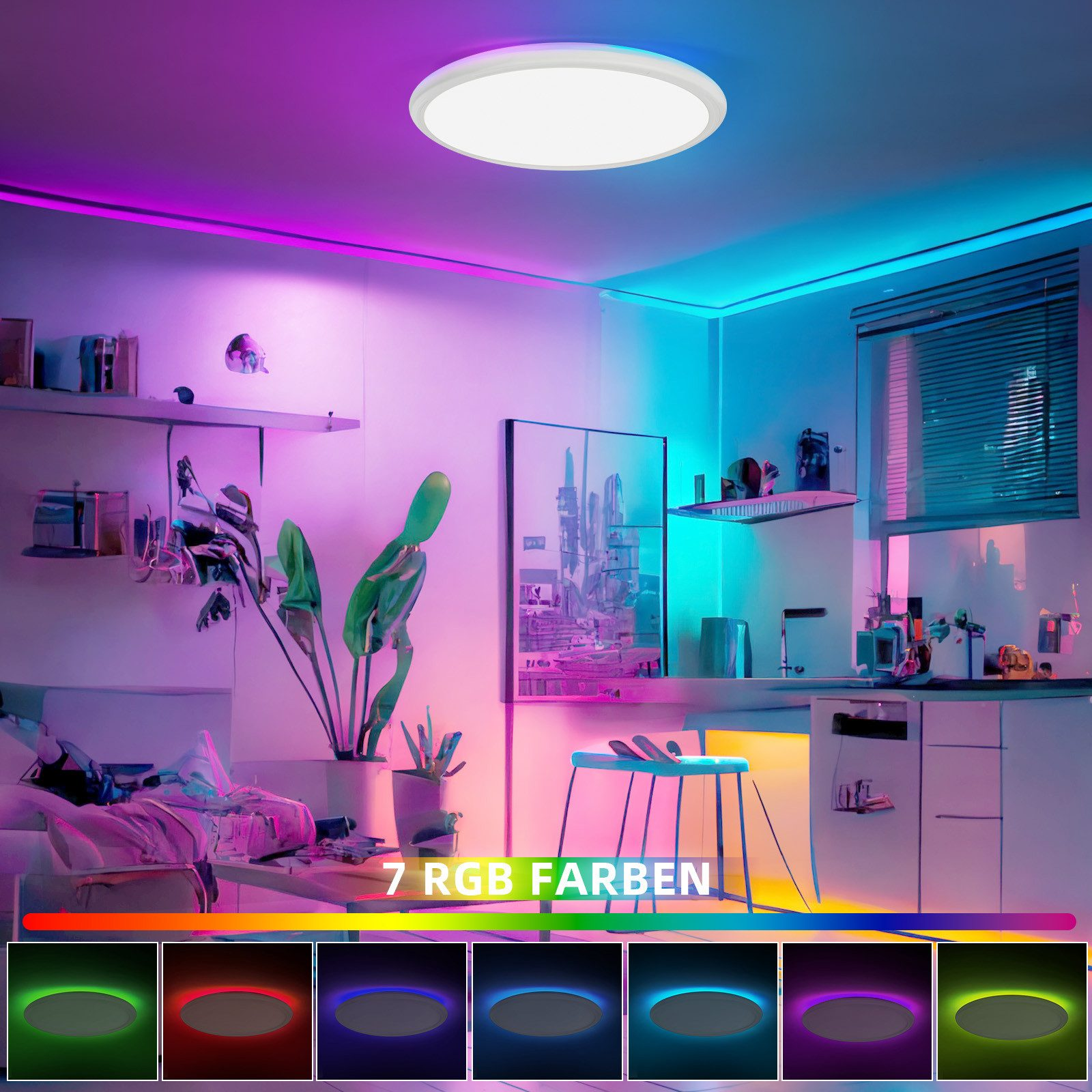 Cucina con luci RGB colorate, mobili bianchi e una striscia luminosa colorata. Luci colorate.