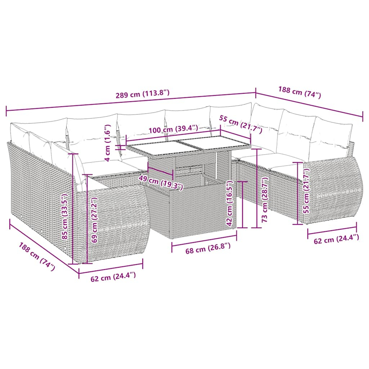 Outdoor-Ecksofa mit Maßangaben, weißen Kissen und gewebter Textur.