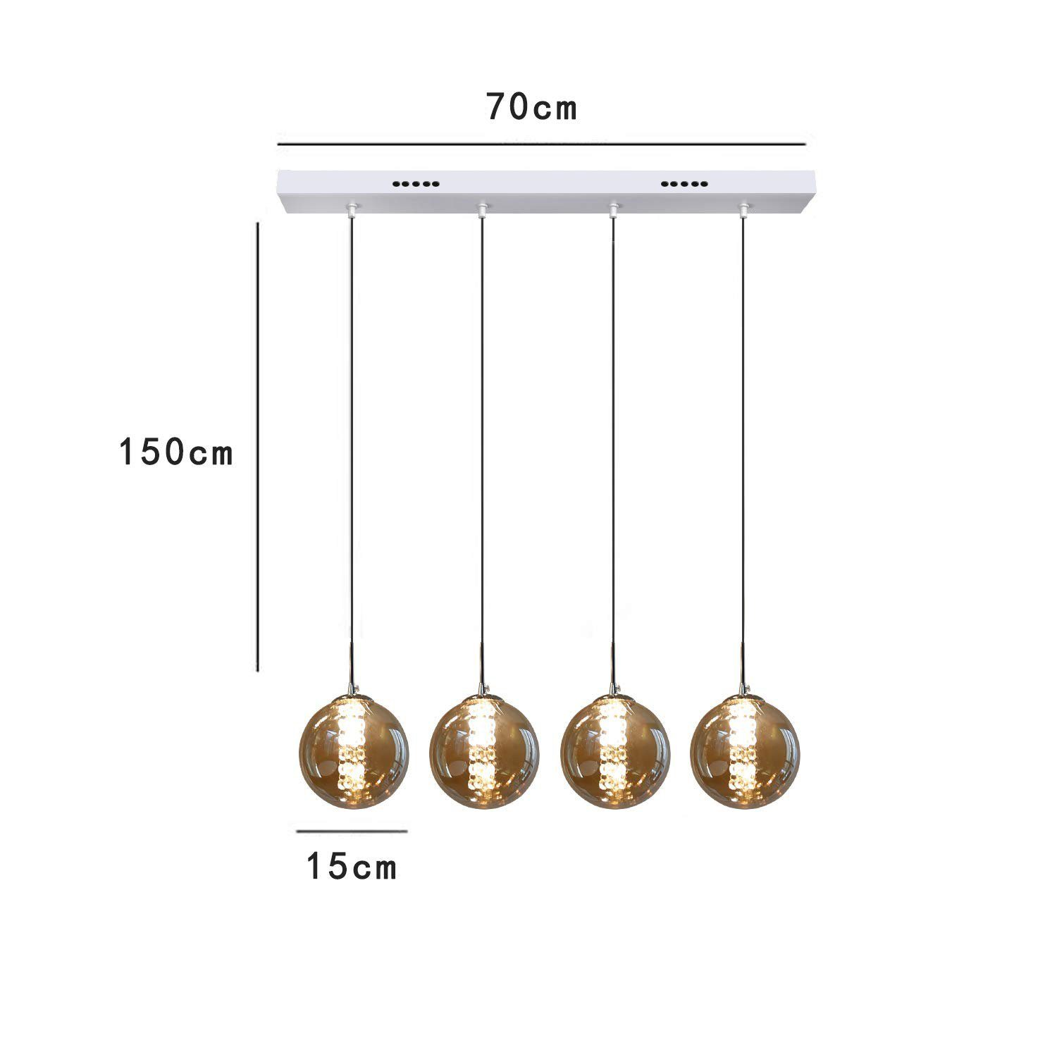 Cztery wiszące lampy z kulistymi szklanymi kloszami, spadek 150 cm, szerokość 70 cm i kula 15 cm. Białe tło.