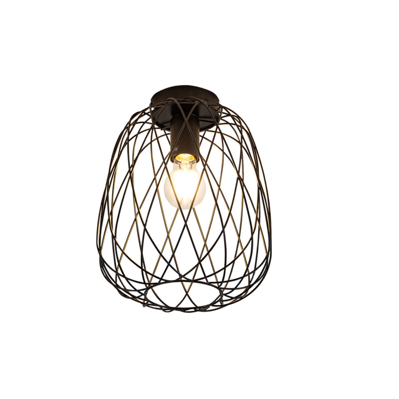 Un'apparecchio di illuminazione a filo nero con una lampadina. Sfondo bianco.