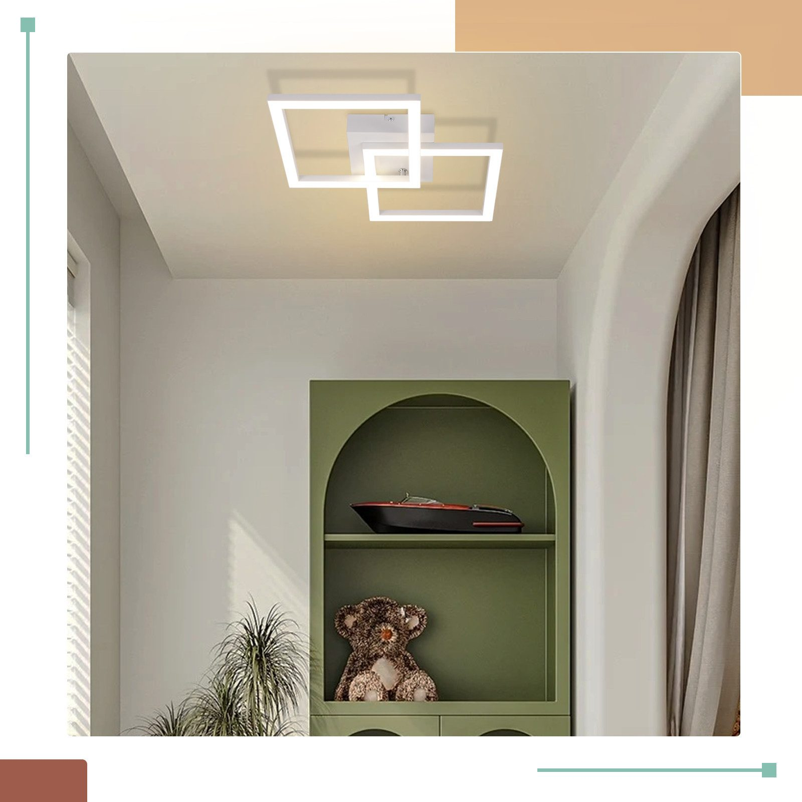 Lampada da soffitto con due luci quadrate bianche. In una stanza con mobile verde.