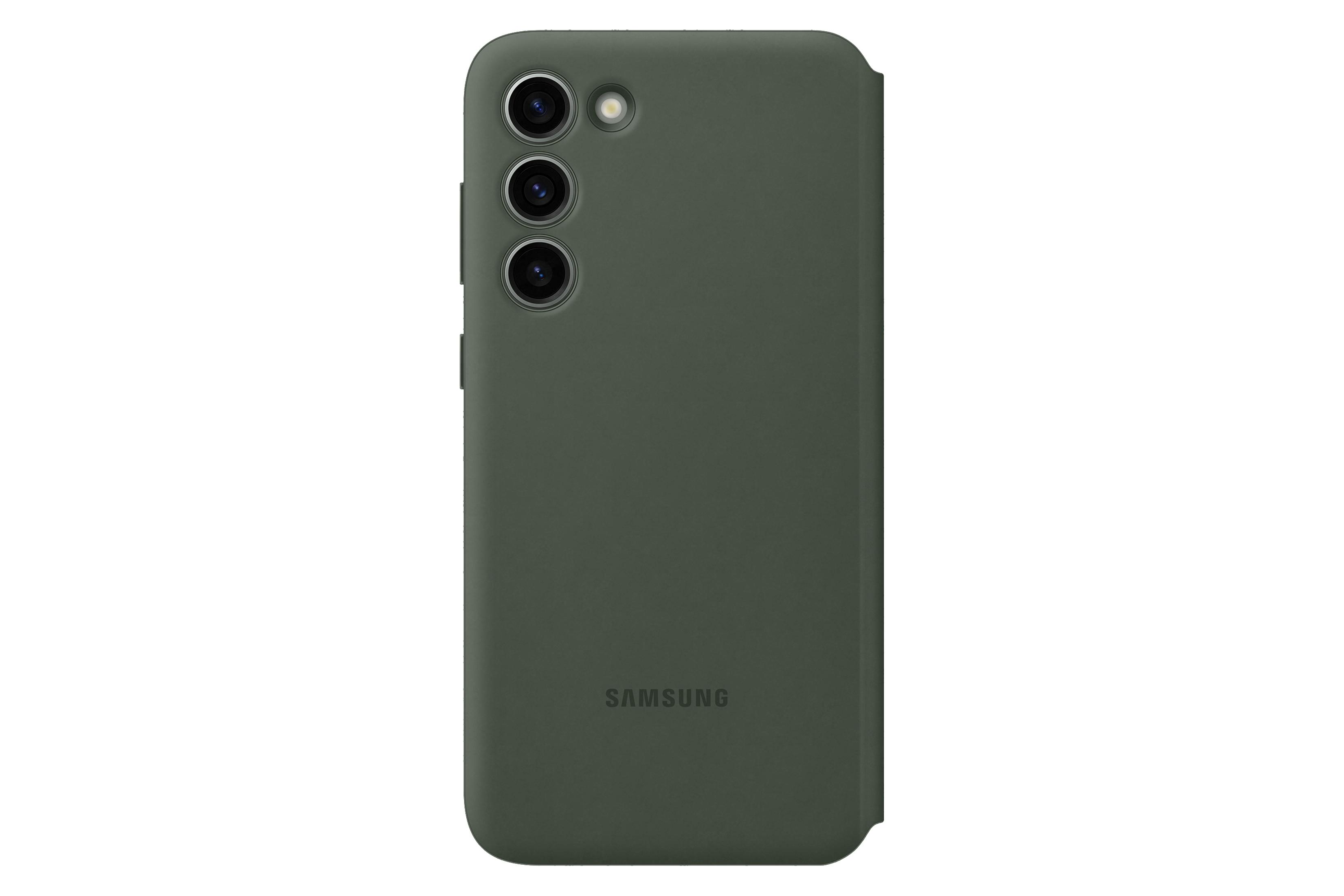 Una custodia verde per telefono con tre obiettivi. Il logo Samsung è in basso.