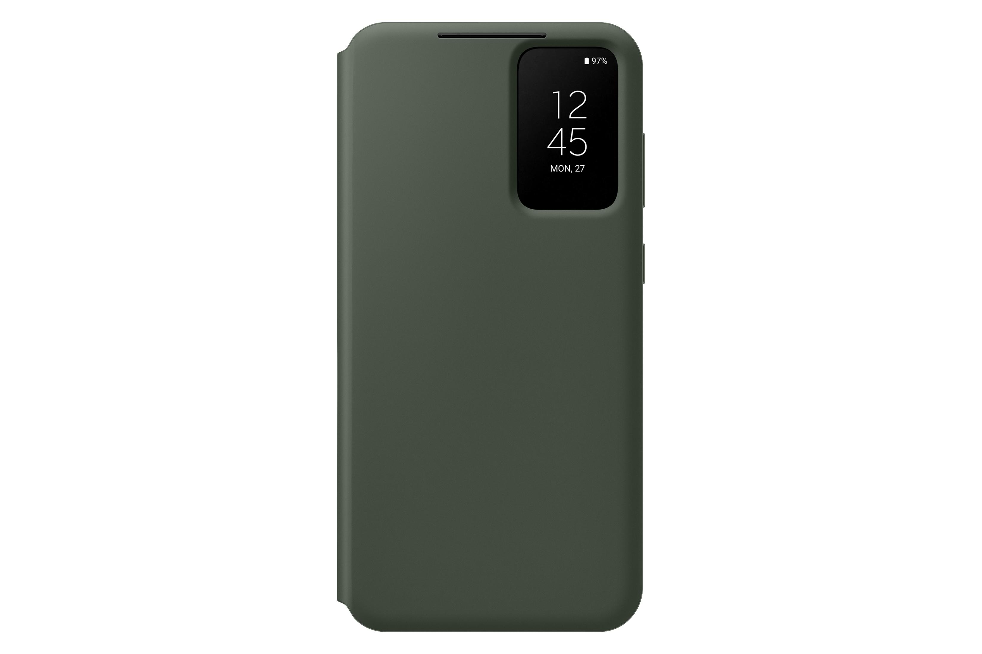 Una custodia verde per telefono con uno schermo che mostra l'ora e la data. Il logo Samsung è visibile.