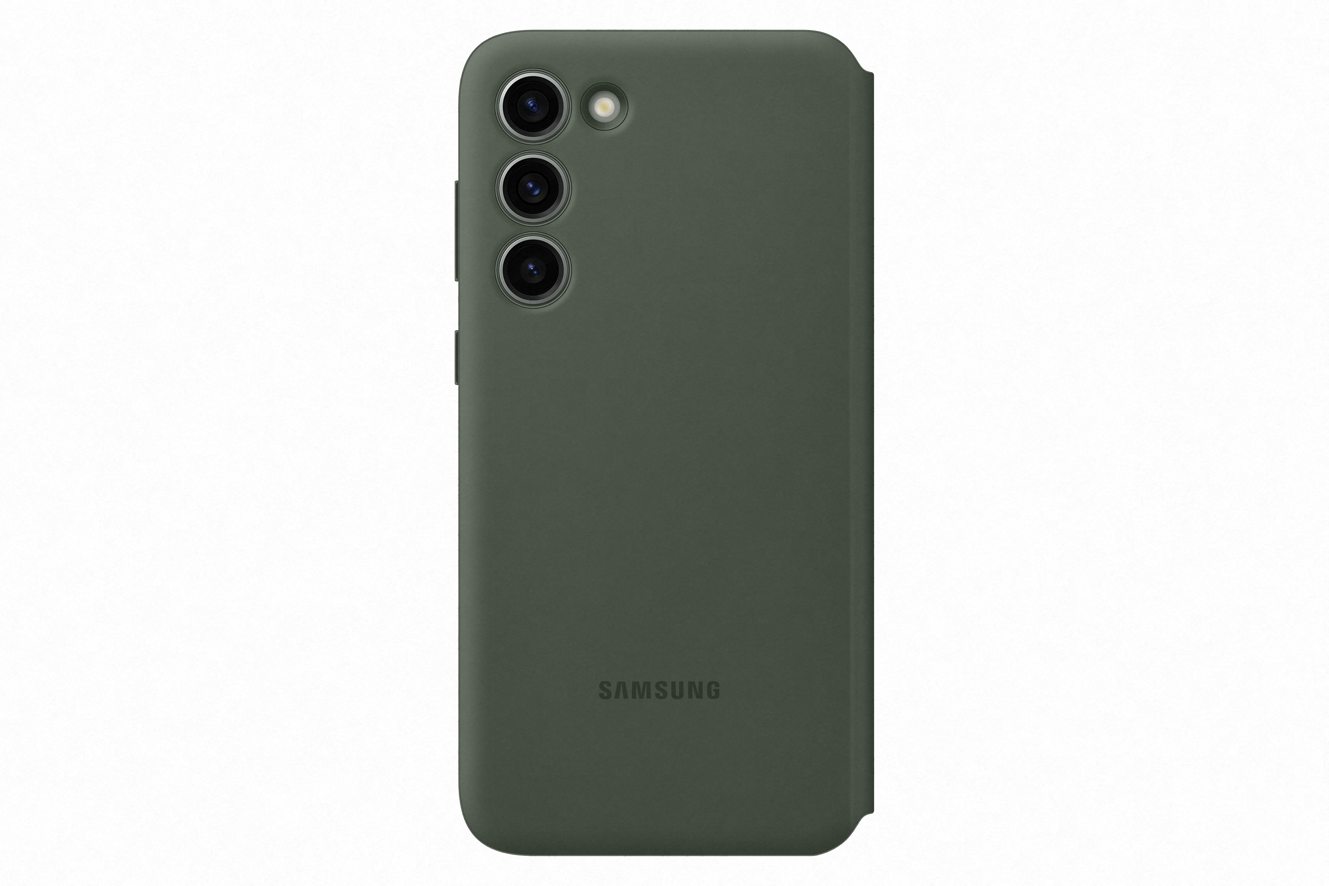 Una custodia per telefono verde scuro con tre ritagli per la fotocamera e un logo Samsung.