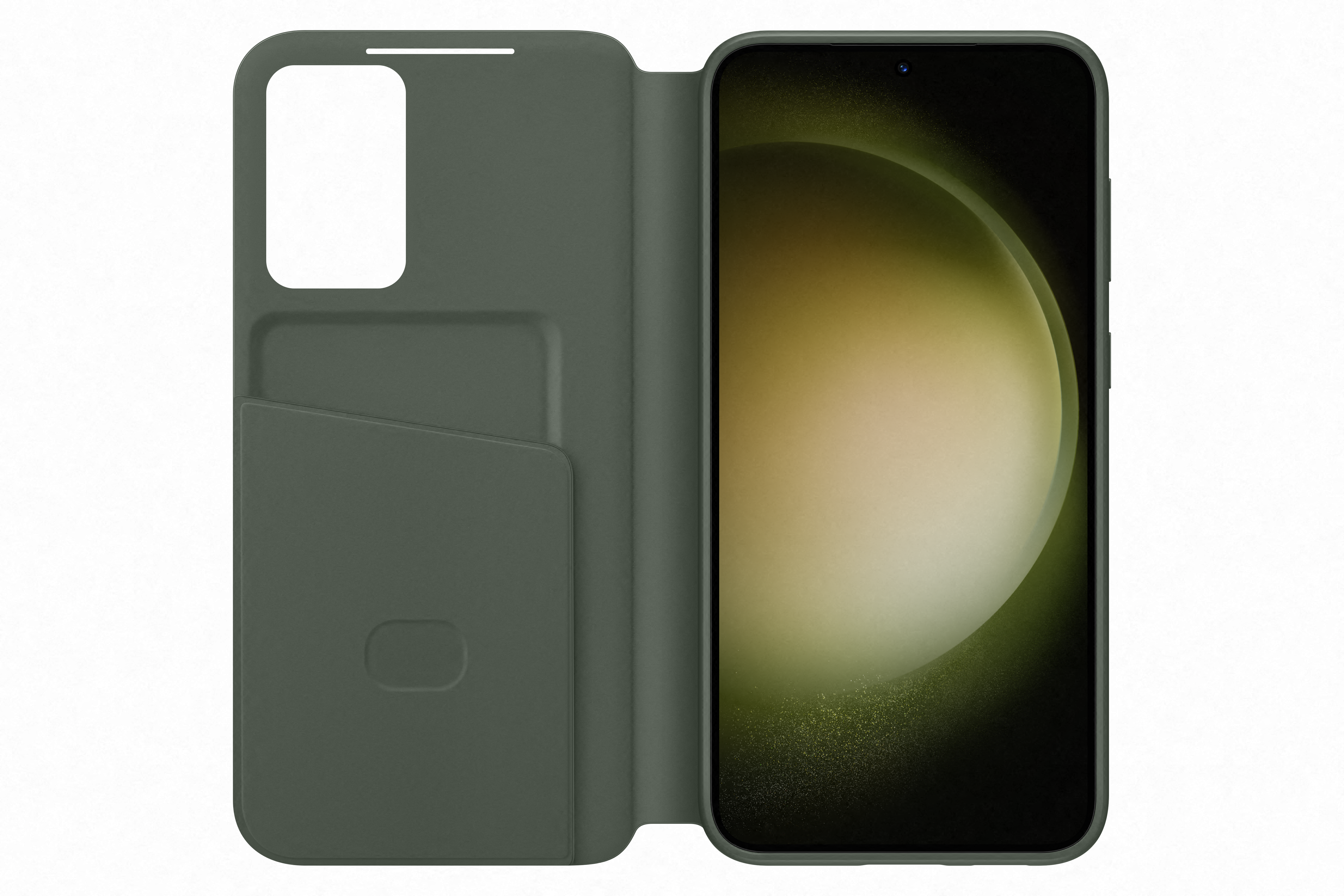 Custodia per telefono verde oliva aperta, che rivela il telefono e uno slot per schede, su sfondo bianco.