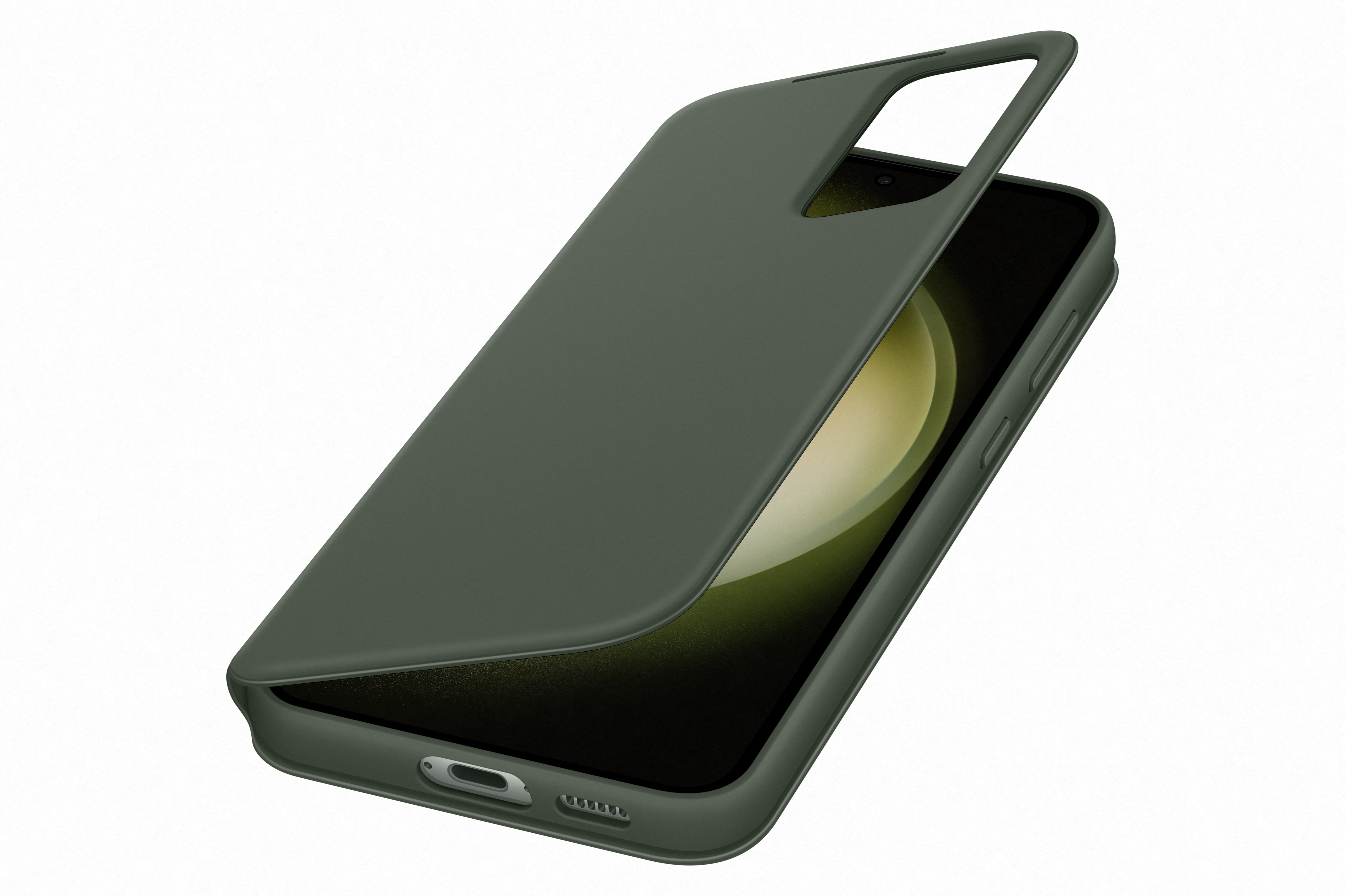 Custodia per telefono verde oliva, staccata dal telefono, che mostra lo schermo del telefono.